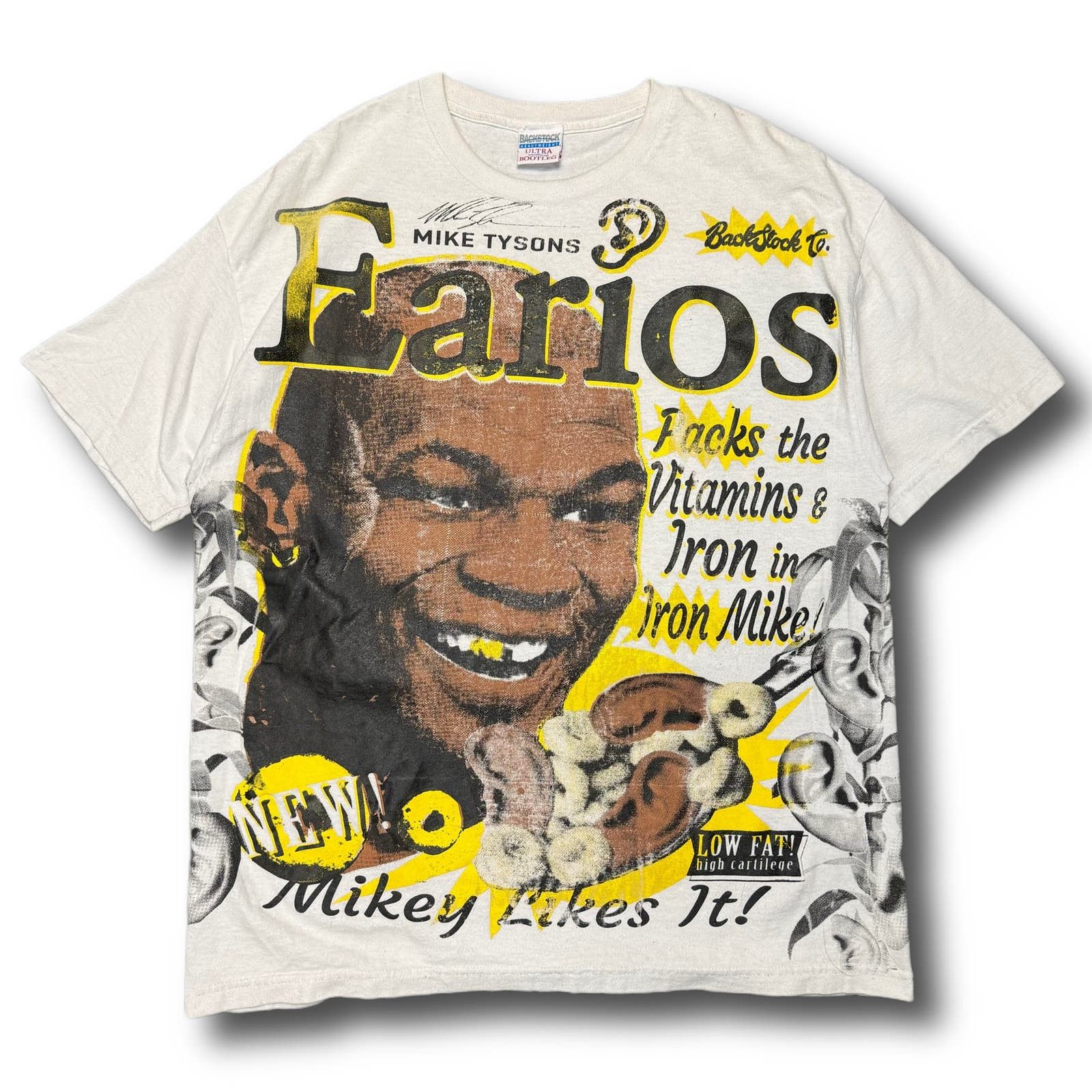 image of UFC Backstockco Mike Tyson ‘Earios’ Aop Bootleg Graphic T-Shirt in Yellow, Men's (Size XL)