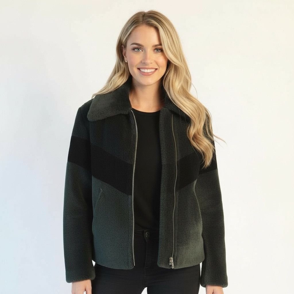 Sandro Sandro Shearling & Leather Zip Jacket Black & Green Chevron Size M / US 6-8 / IT 42-44 - 3 Thumbnail