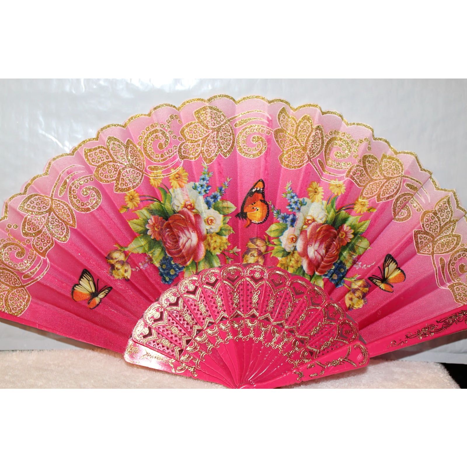 Pinko UNBRANDED VINTAGE SMALL HAND FAN WITH FLOWERS & BUTTERFLIES PINK 16 INCHES Size ONE SIZE - 2 Thumbnail