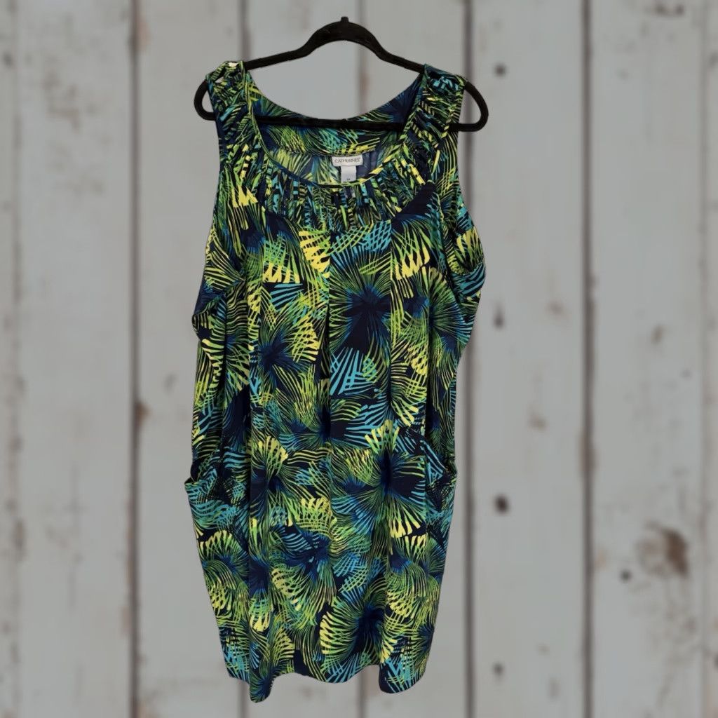 Vintage Catherines Dress Shift Midi Sleeveless A-line Blue Aqua Green Plus 3X 22/24W Womens Size XXL / US 16-18 / IT 52-54 - 1 Thumbnail