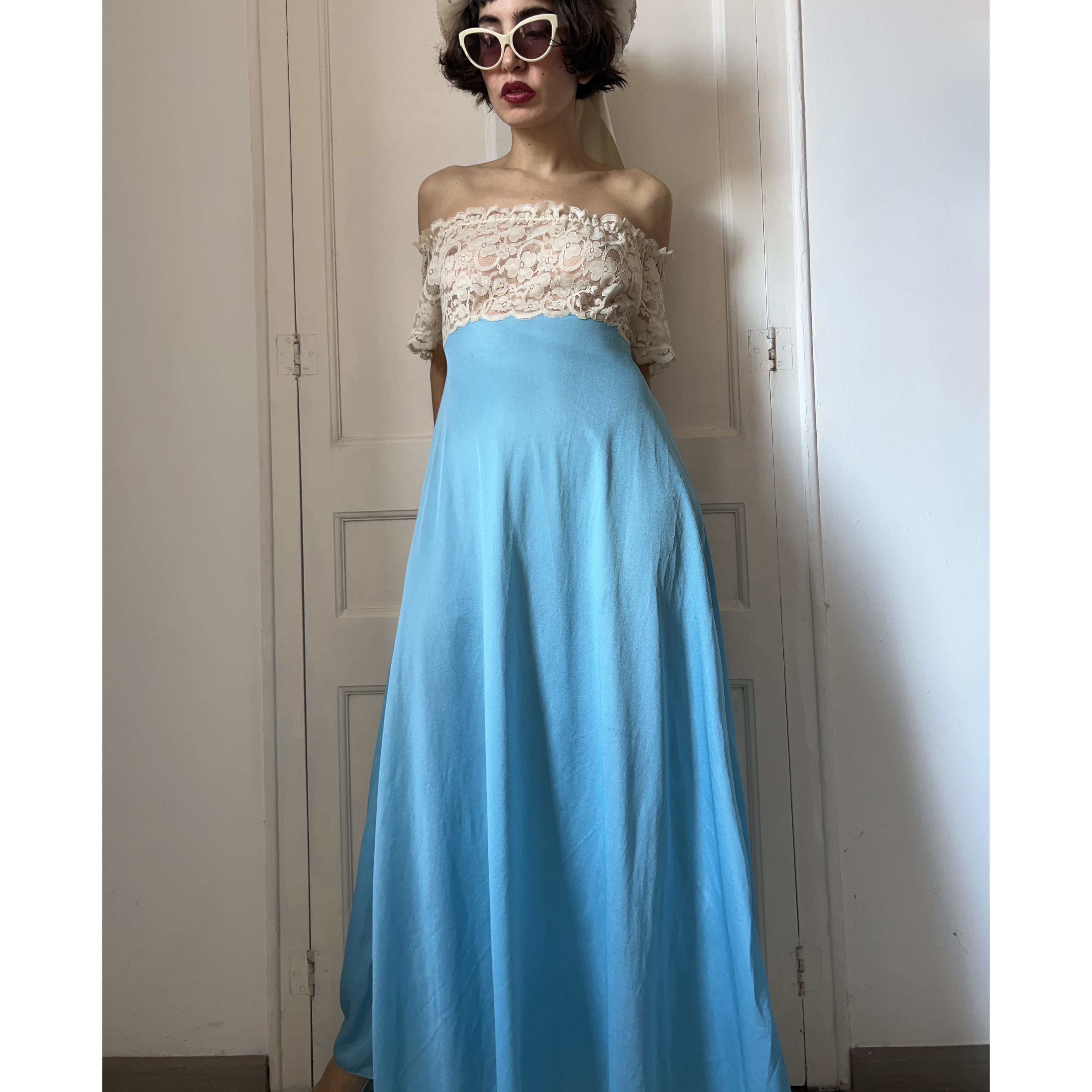 Vintage Vintage 90s Blue Lace off Should Nightgown Size M / US 6-8 / IT 42-44 - 1 Thumbnail