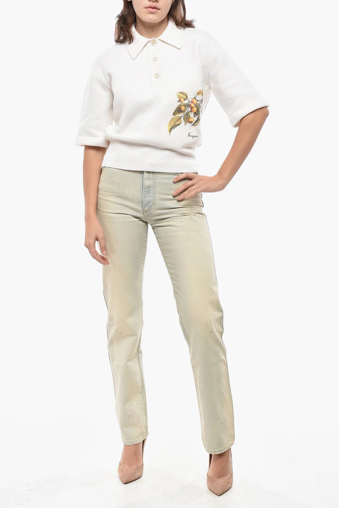 Salvatore Ferragamo og1mm0426 Mixed Cashmere Short-Sleeve Polo Sweater in White Size XS / US 0-2 / IT 36-38 - 4 Thumbnail
