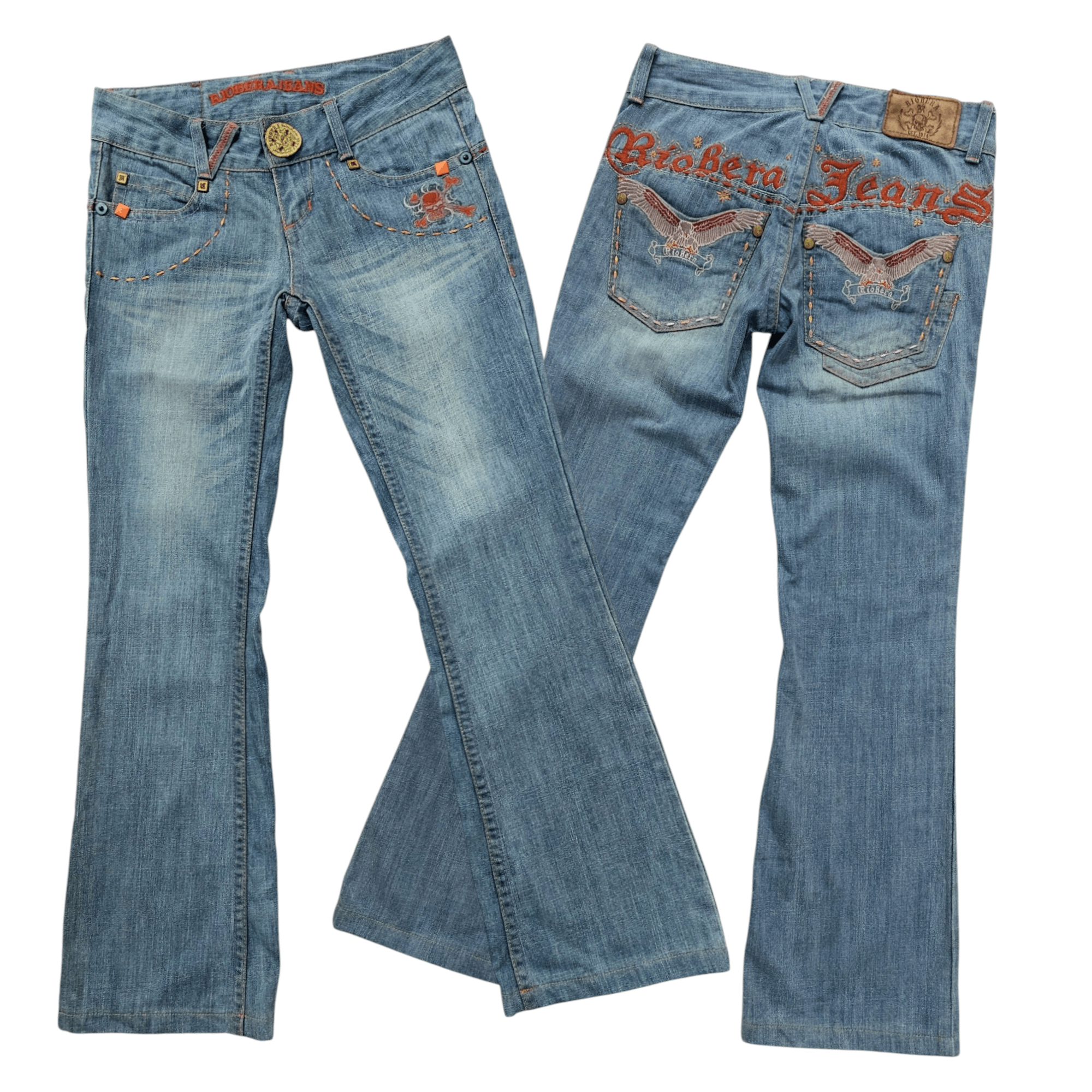 Vintage ☠️ Embroidery Skulls And Eagles Back Pocket Riobera Jeans Size 26" / US 2 / IT 38 - 2 Thumbnail