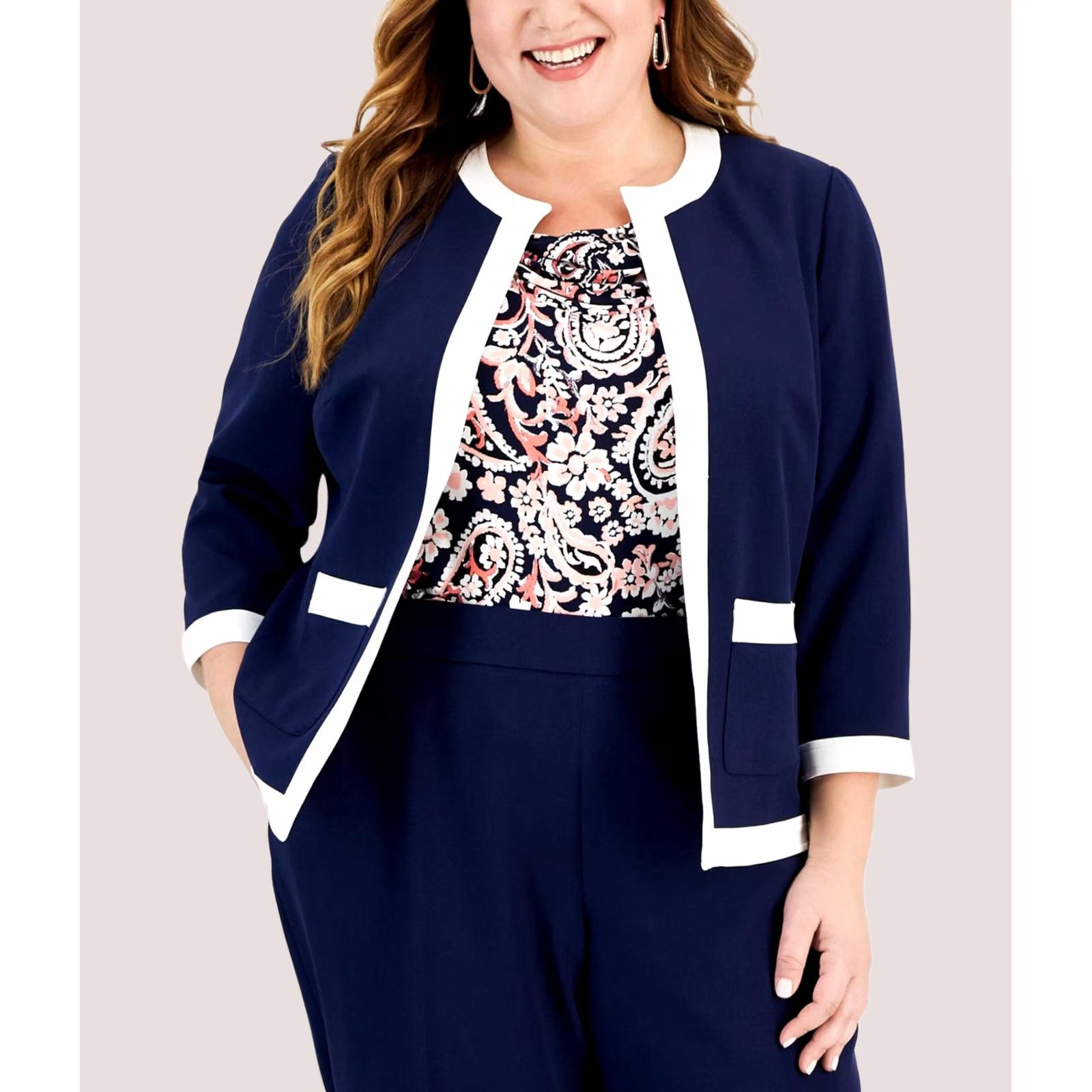 Kasper Kasper Womens Color Contrasting Trim Blazer Jacket navy Plus Size 18W Size XXL / US 16-18 / IT 52-54 - 1 Thumbnail