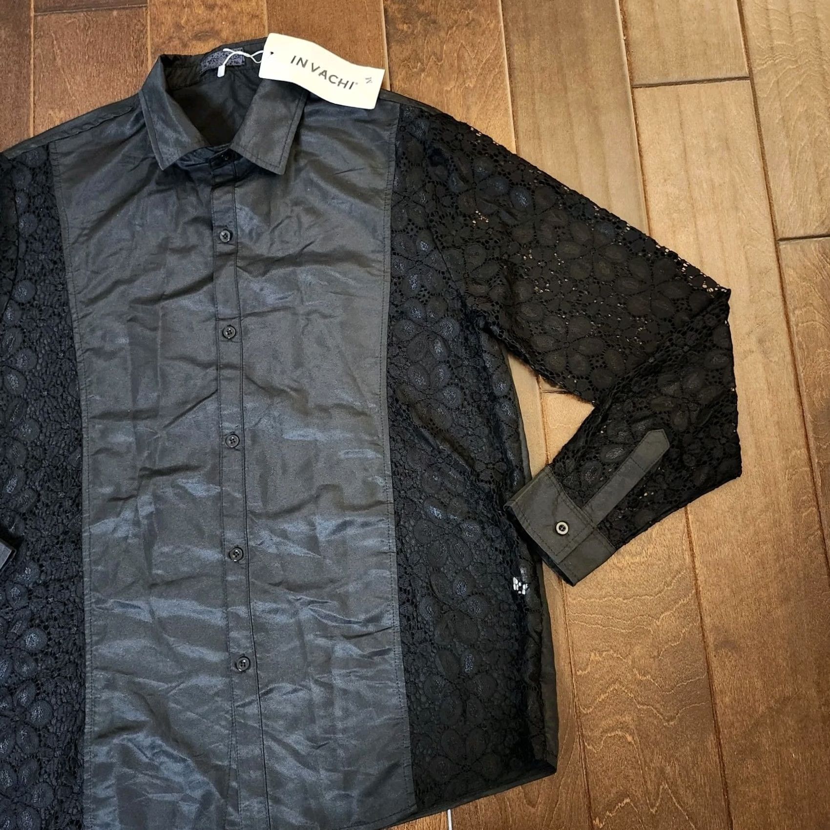 Shein SheIn Men’s Black Floral Laced Button-Up Shirt - Size M, Long Sleeve, Polyester Spandex, Casual Formal Business, Regular Fit Size US M / EU 48-50 / 2 - 5 Thumbnail