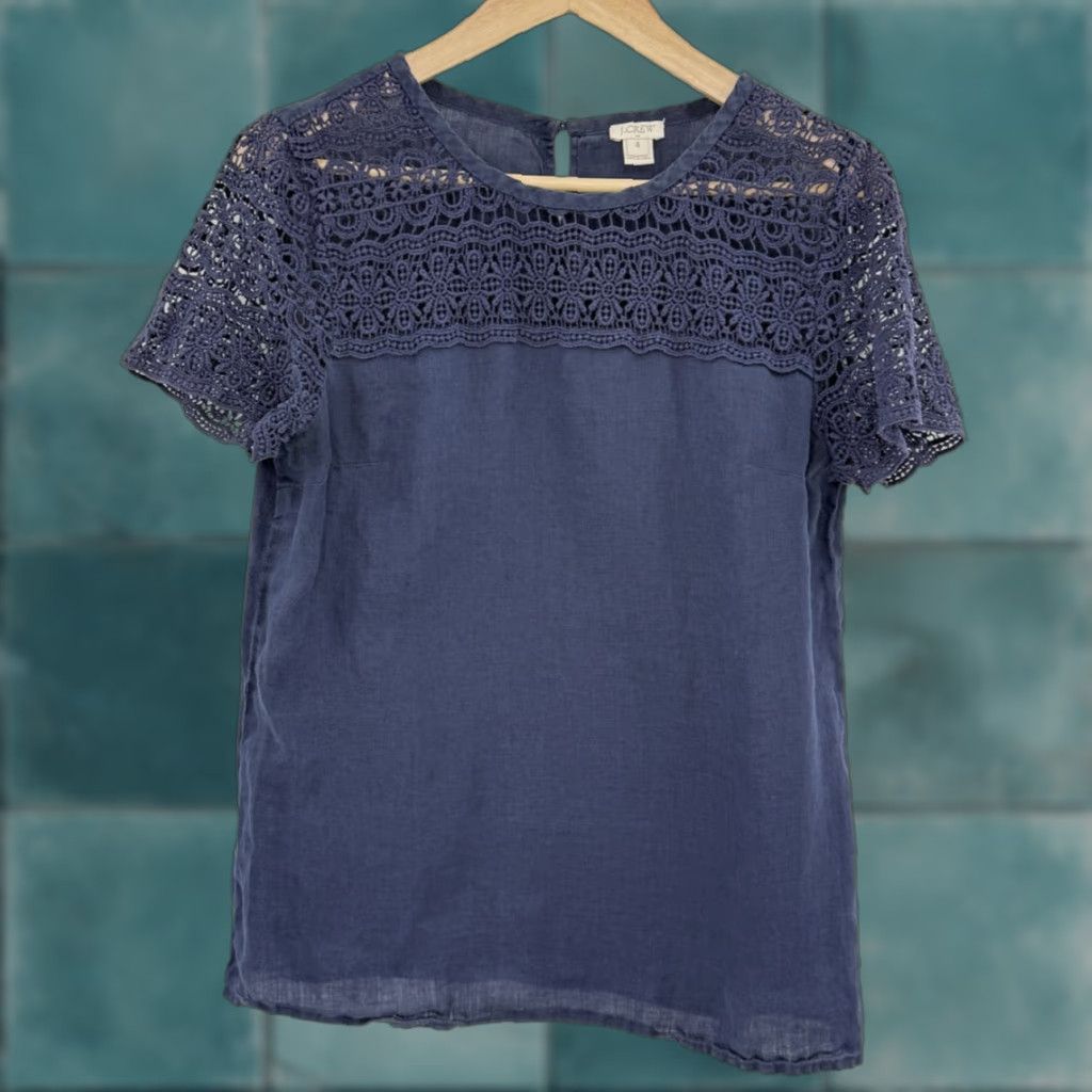 J.Crew VINTAGE? No — J.Crew Factory Navy Blue Crochet Lace Yoke Linen Short Sleeve Blouse Sz 4 Boho Size S / US 4 / IT 40 - 1 Thumbnail