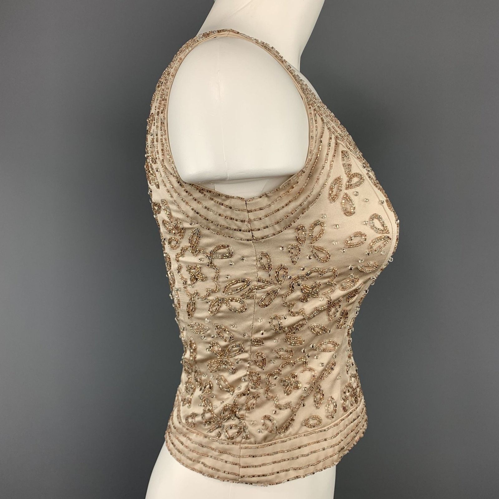 Neiman Marcus Vintage NEIMAN MARCUS Size 2 Beige Beaded Satin Shell Top Size XS / US 0-2 / IT 36-38 - 6 Thumbnail
