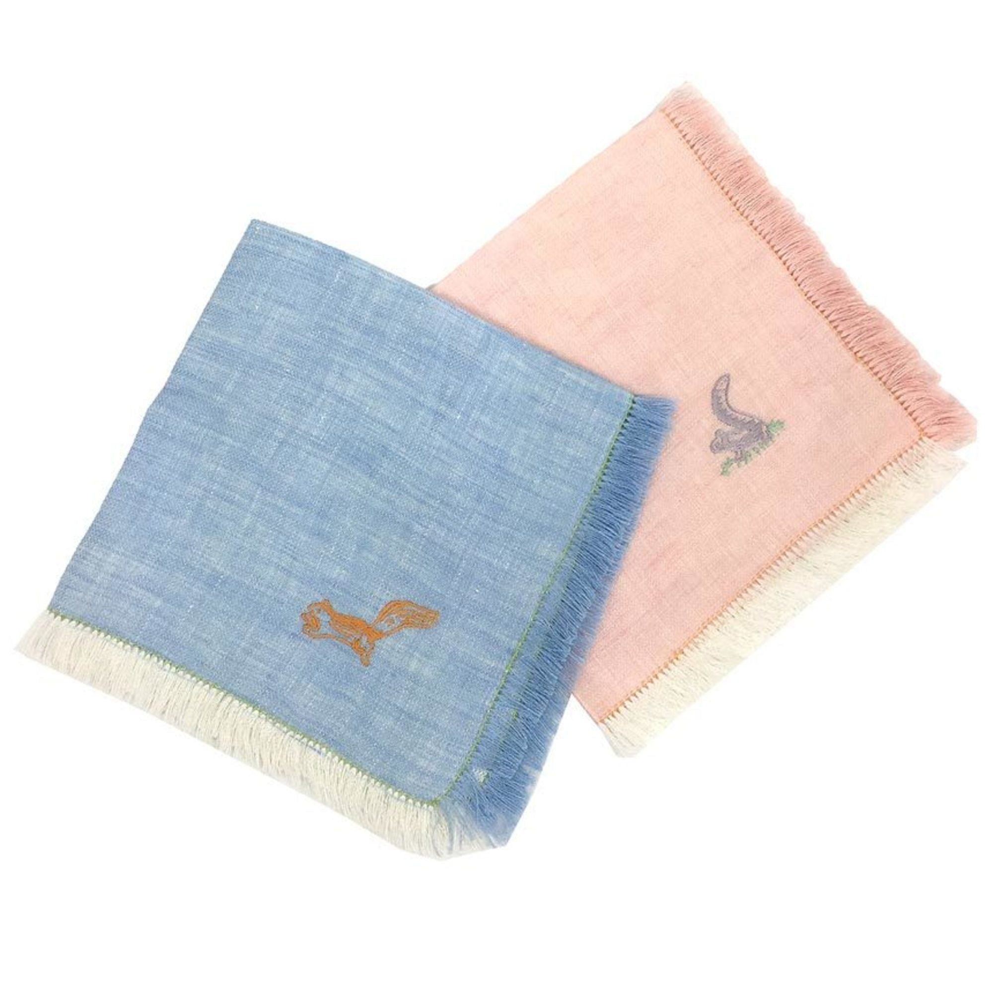 image of Hermes Baby Line Handkerchief Set Linen Pink Blue Embroidery in Black, Women's