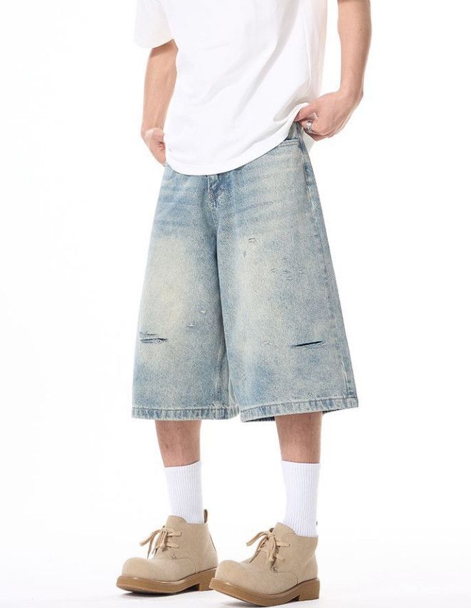 Japanese Brand American ripped men's loose straight-leg baby denim shorts Size US 32 / EU 48 - 4 Thumbnail