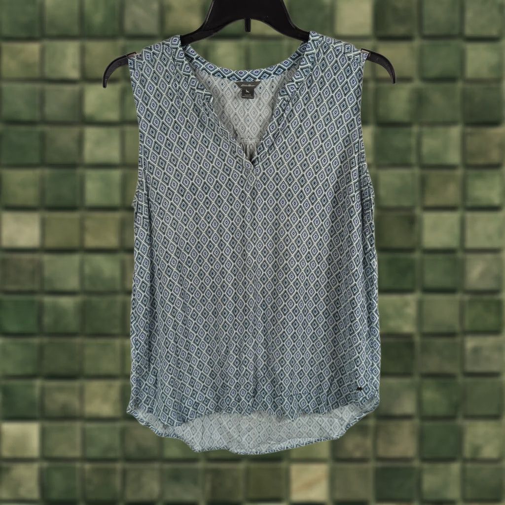 Eddie Bauer VINTAGE Eddie Bauer Tank Womens L blue geometric V Neck Sleeveless high low hem top Size L / US 10 / IT 46 - 1 Thumbnail