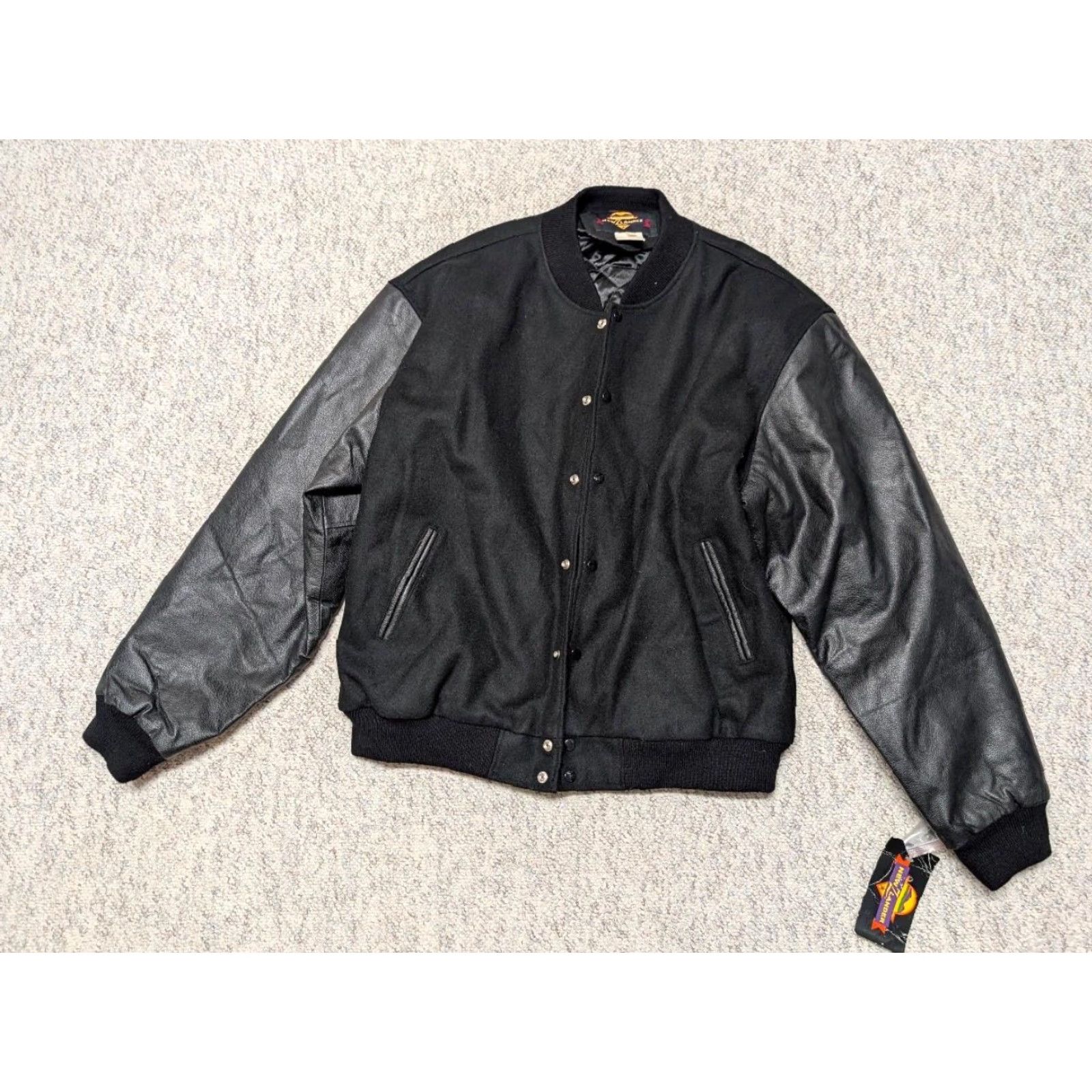 Vintage VINTAGE New ZLander VARSITY Leather Bomber Jacket, 5XL, Black, 56 Chest, Mens, Jacvket, 1990s, Letterman Sleeves, 56, 5XL, NOS? Size US XXL / EU 58 / 5 - 3 Thumbnail