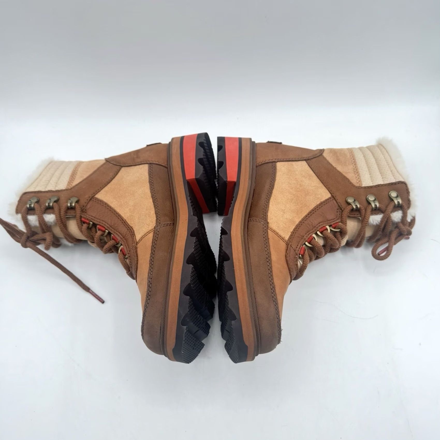 SOREL Sorel Lennox Leather/Faux Fur Trim Lace-Up Boot Velvet Tan/Warp Red Womens US 6/EU 39 M Waterproof Fall Winter Casual Boots Size US 6 / IT 36 - 6 Thumbnail