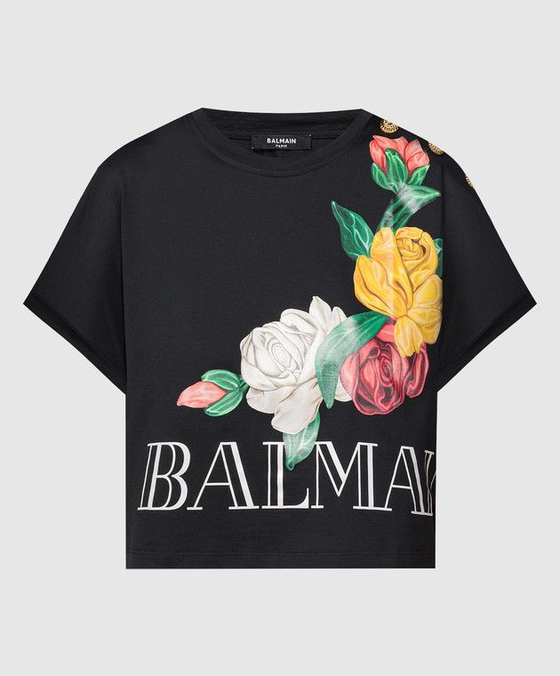 Balmain o1s1wg110125 Roses-Print Cropped T-Shirt in Black Size XS / US 0-2 / IT 36-38 - 1 Thumbnail