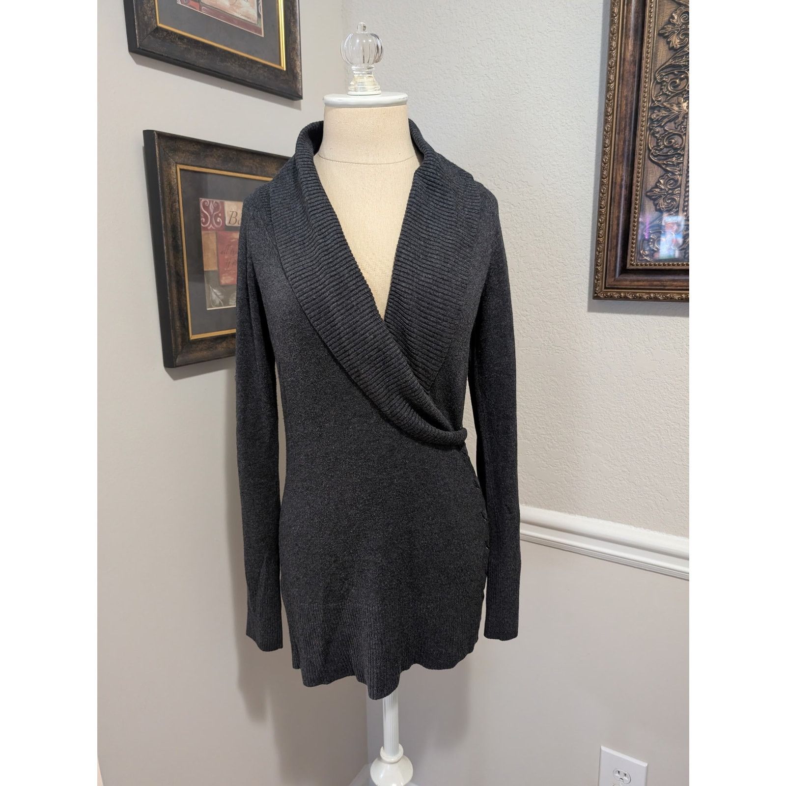 Vintage Cache Dark Gray Shawl Collar Tunic Sweater Size XS / US 0-2 / IT 36-38 - 1 Thumbnail