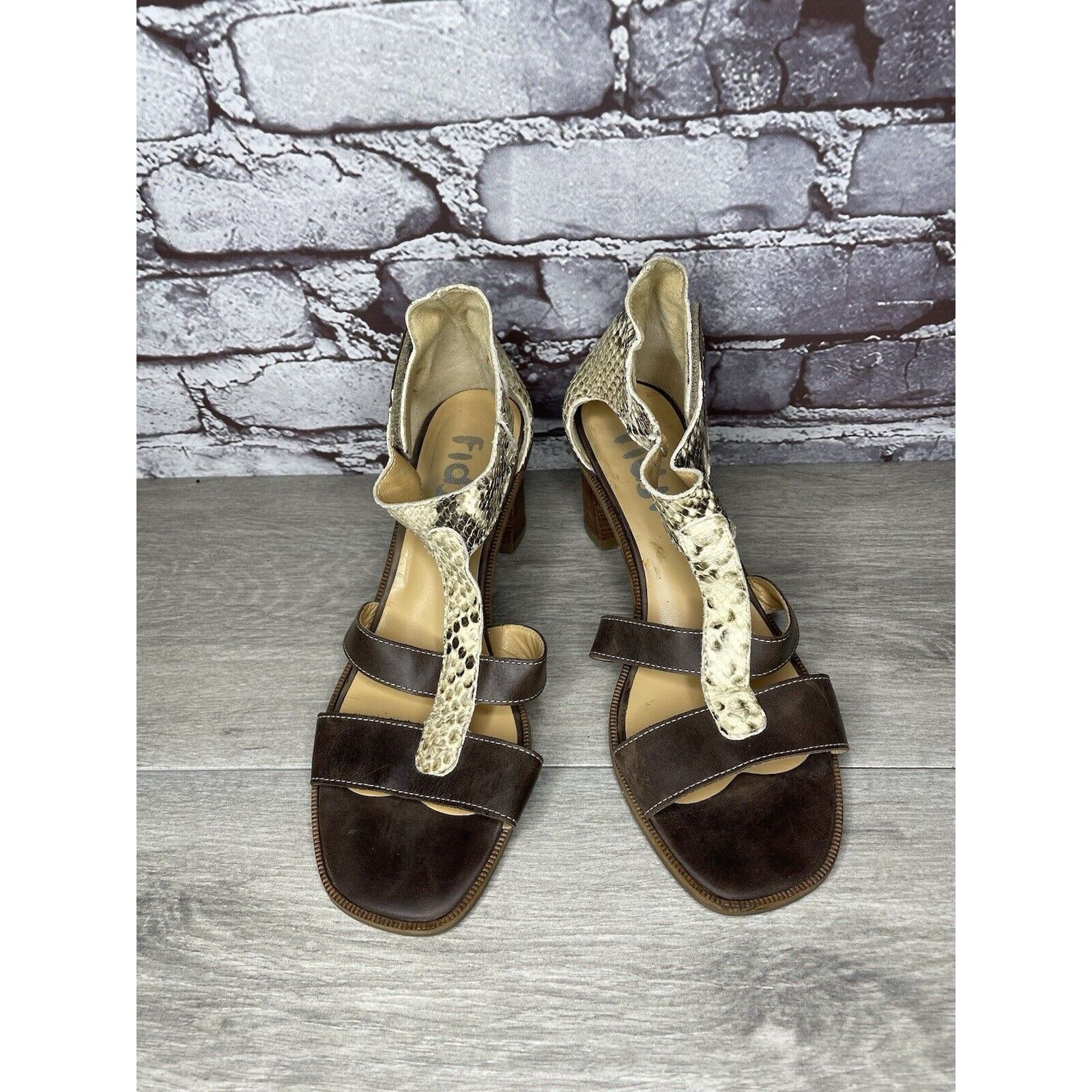 Fiji Fidji Ivory Leather Snake Skin Anke Strap Print Brown Heel S Size US 8 / IT 38 - 20 Thumbnail