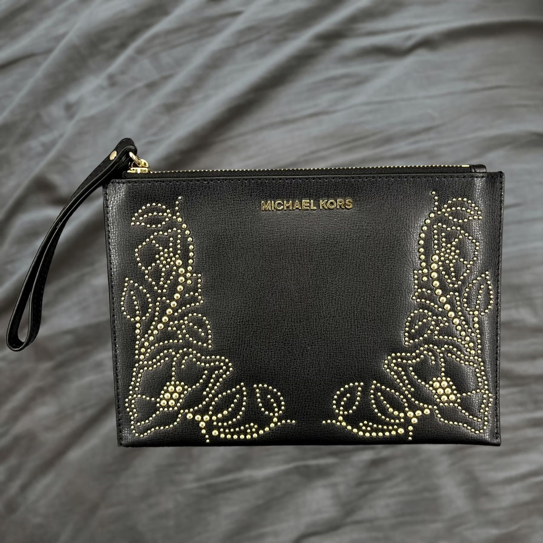 Michael Kors Michael Kors Wristlet Clutch Womens Floral Zip Pouch Bag Purse Black Gold Studded Leather MK Ava Clutch Womens Size ONE SIZE - 1 Thumbnail