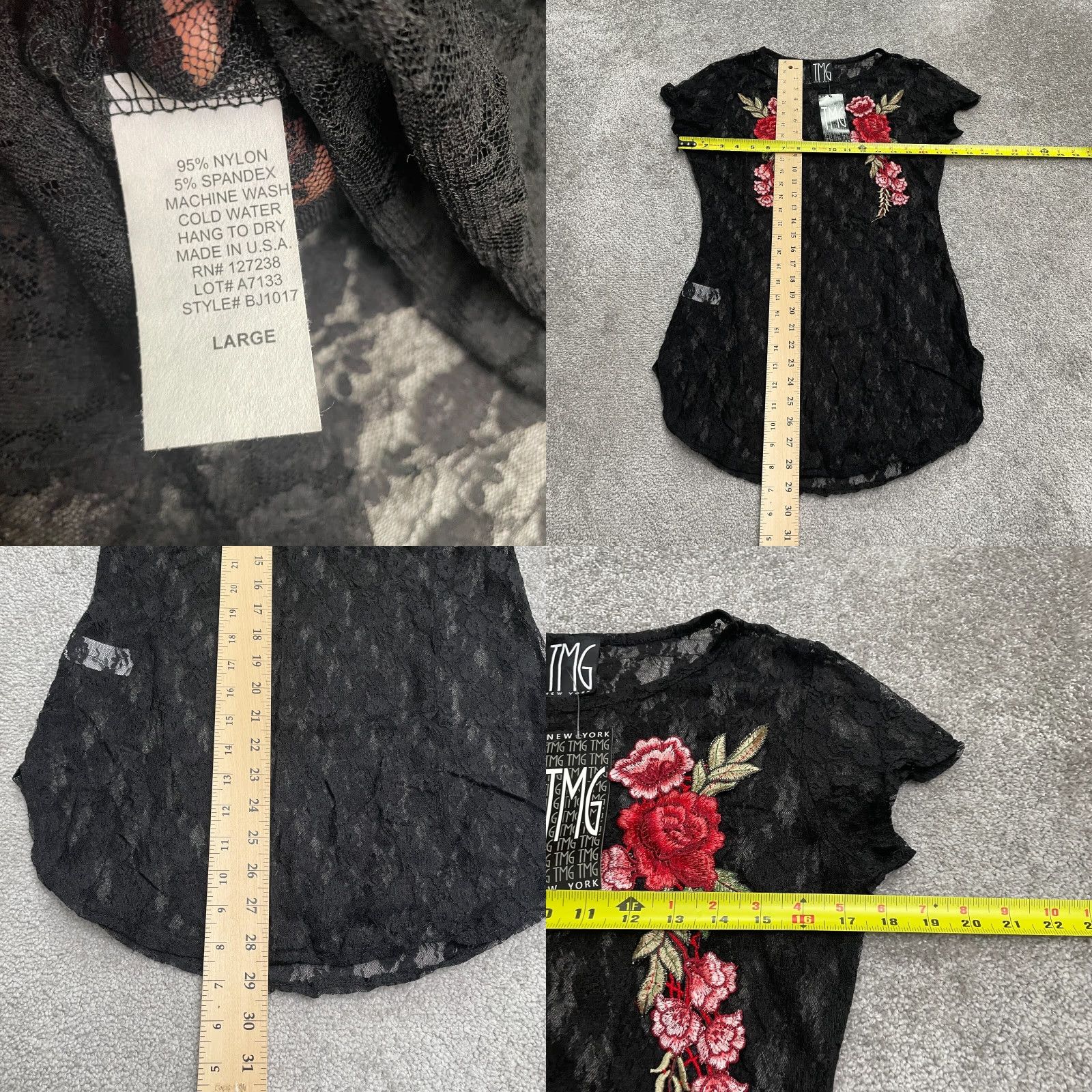 Vintage TMG Blouse Shirt Womens L Black Embroidered Lace Top NWT Rose Floral Short Sleeve Sheer Knit Nylon Spandex Casual Beach Classic 90s Size L / US 10 / IT 46 - 8 Thumbnail