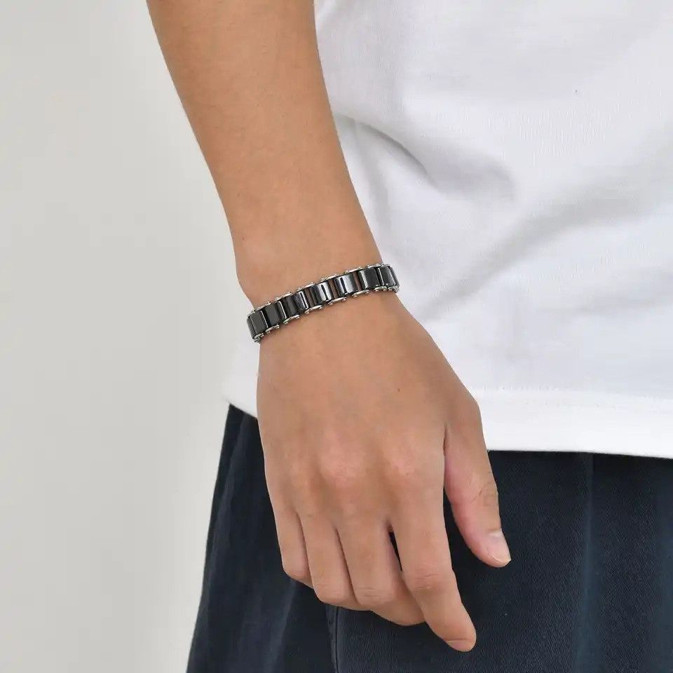 Jewelry × Vintage Black Ceramic Bracelet Natural Stone Link Chain Wristband Size ONE SIZE - 1 Thumbnail