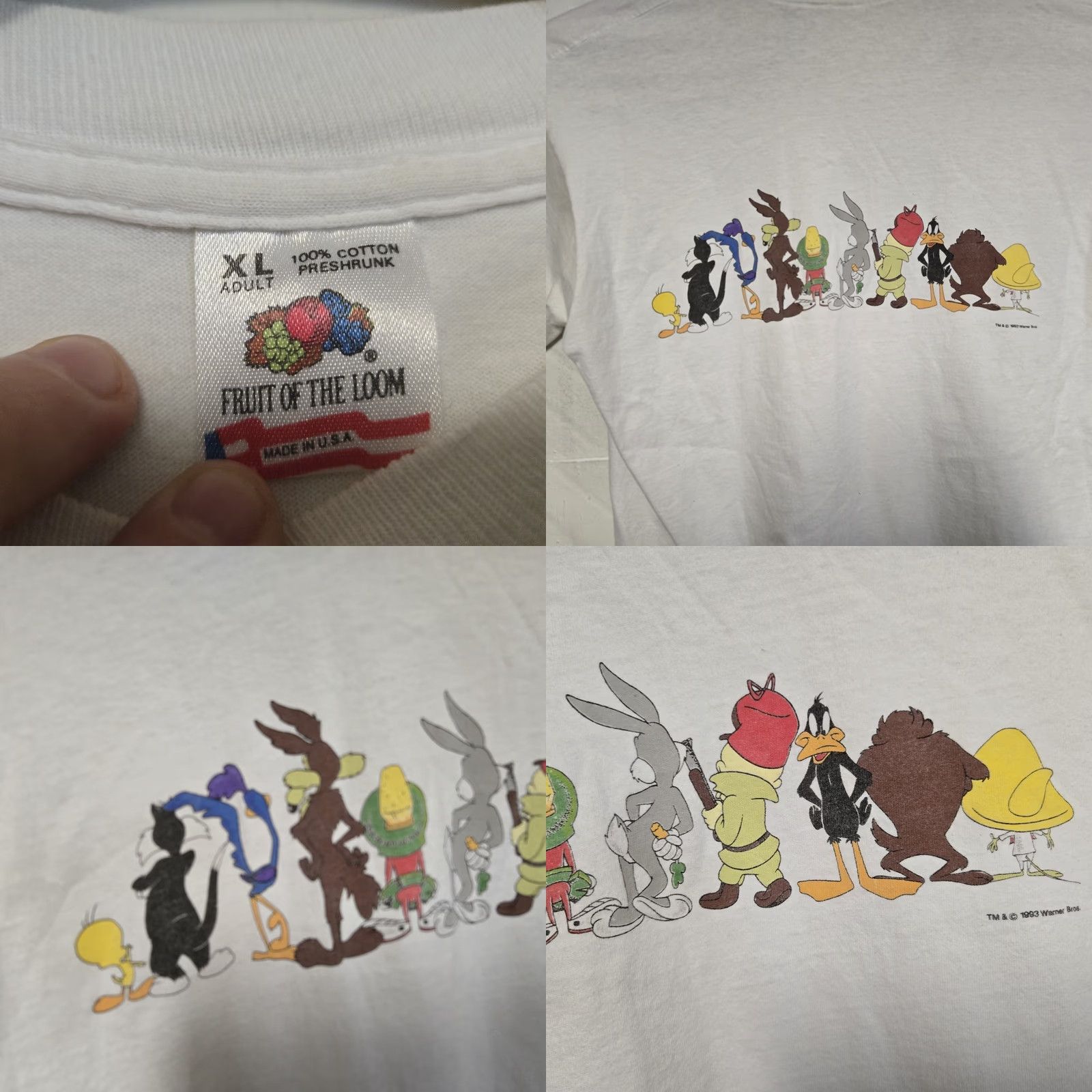 Fruit Of The Loom VINTAGE Looney Tunes T-Shirt Single Stitched 1991 XL 2-Sided Warner Bros Rare White Unisex Adults Regular Theme: Cartoon Bugs Bunny Shirt Mens Girls Size US XL / EU 56 / 4 - 9 Thumbnail