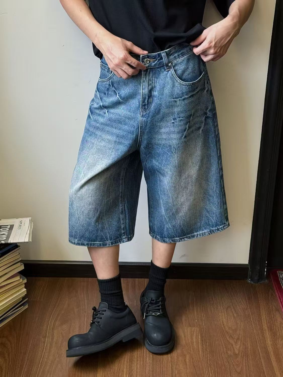 Japanese Brand × Jean Street washed distressed lightning denim shorts y2k Size US 32 / EU 48 - 3 Thumbnail