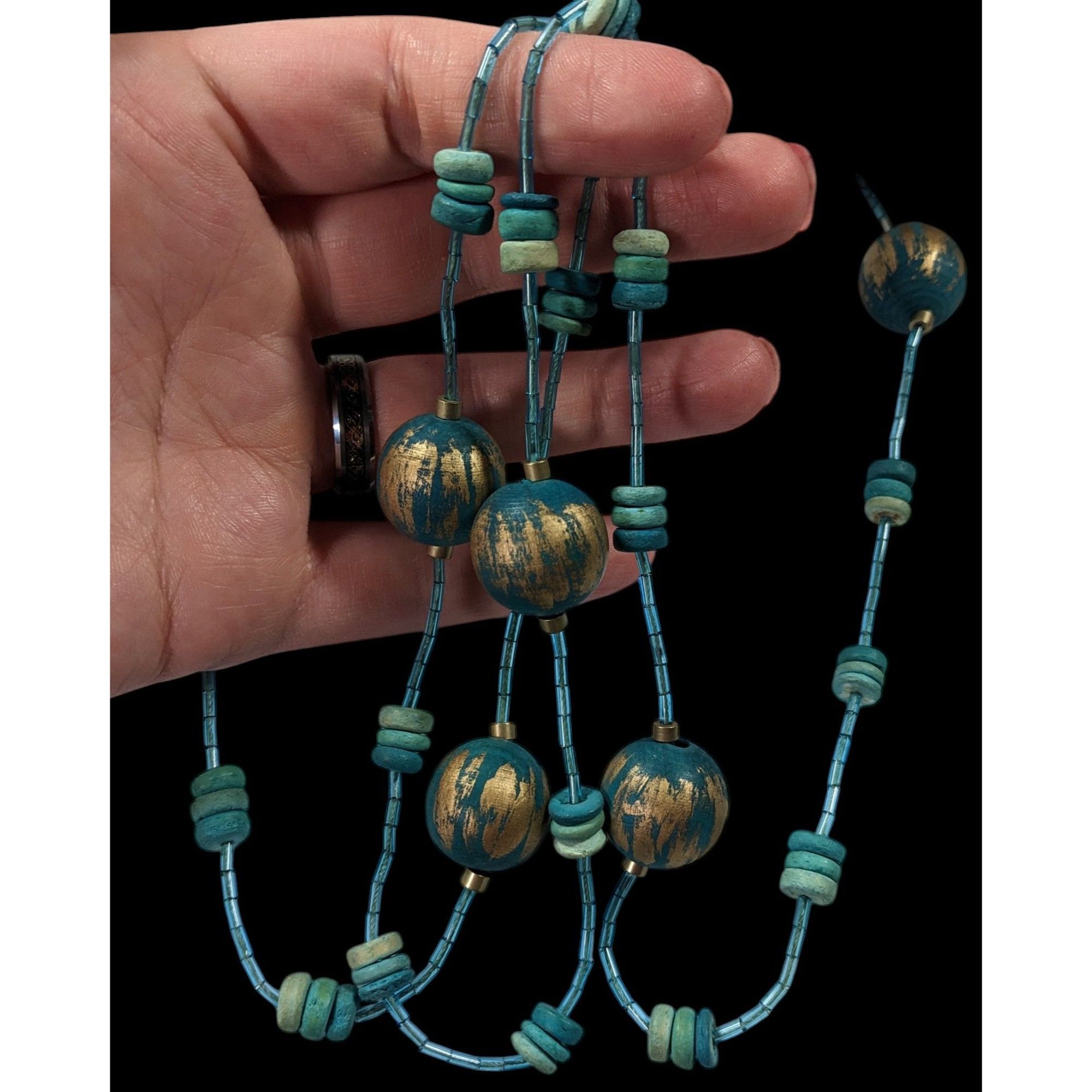 Other Blue And Gold Tone Wood And Glass Beaded Fantasy Necklace Size ONE SIZE - 5 Thumbnail