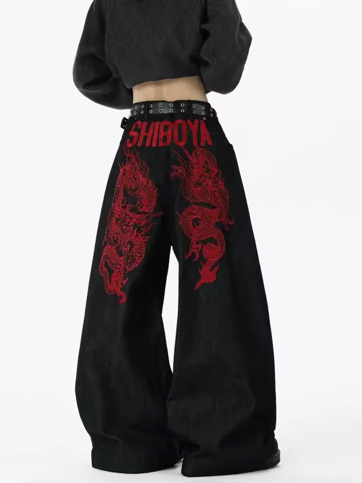 Japanese Brand Extreme Wide Leg Black Jeans | Red Dragon Size US 33 - 7 Thumbnail