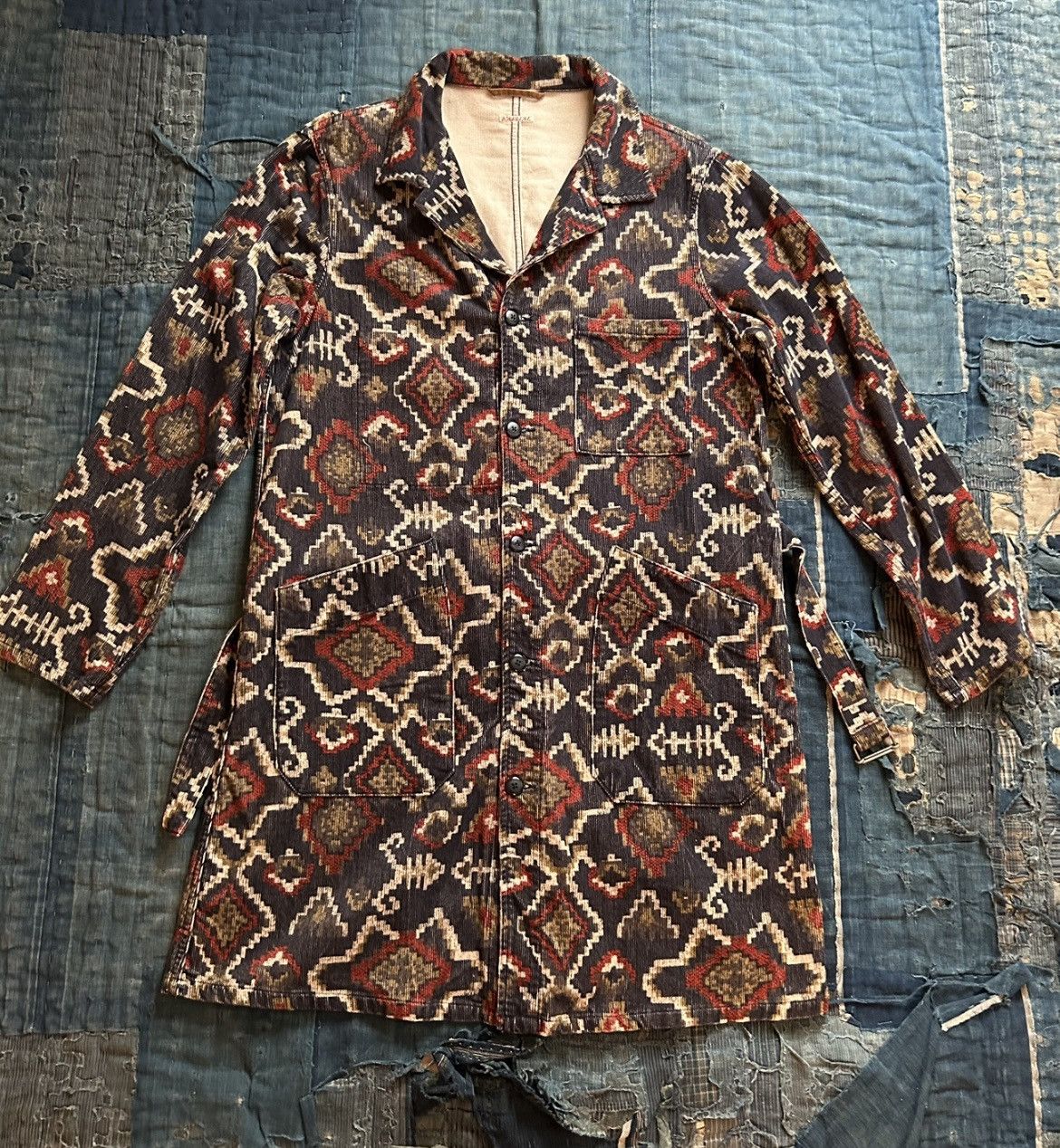 image of Kapital Tapestry Corduroy Long Coat in Navy, Men's (Size Medium)