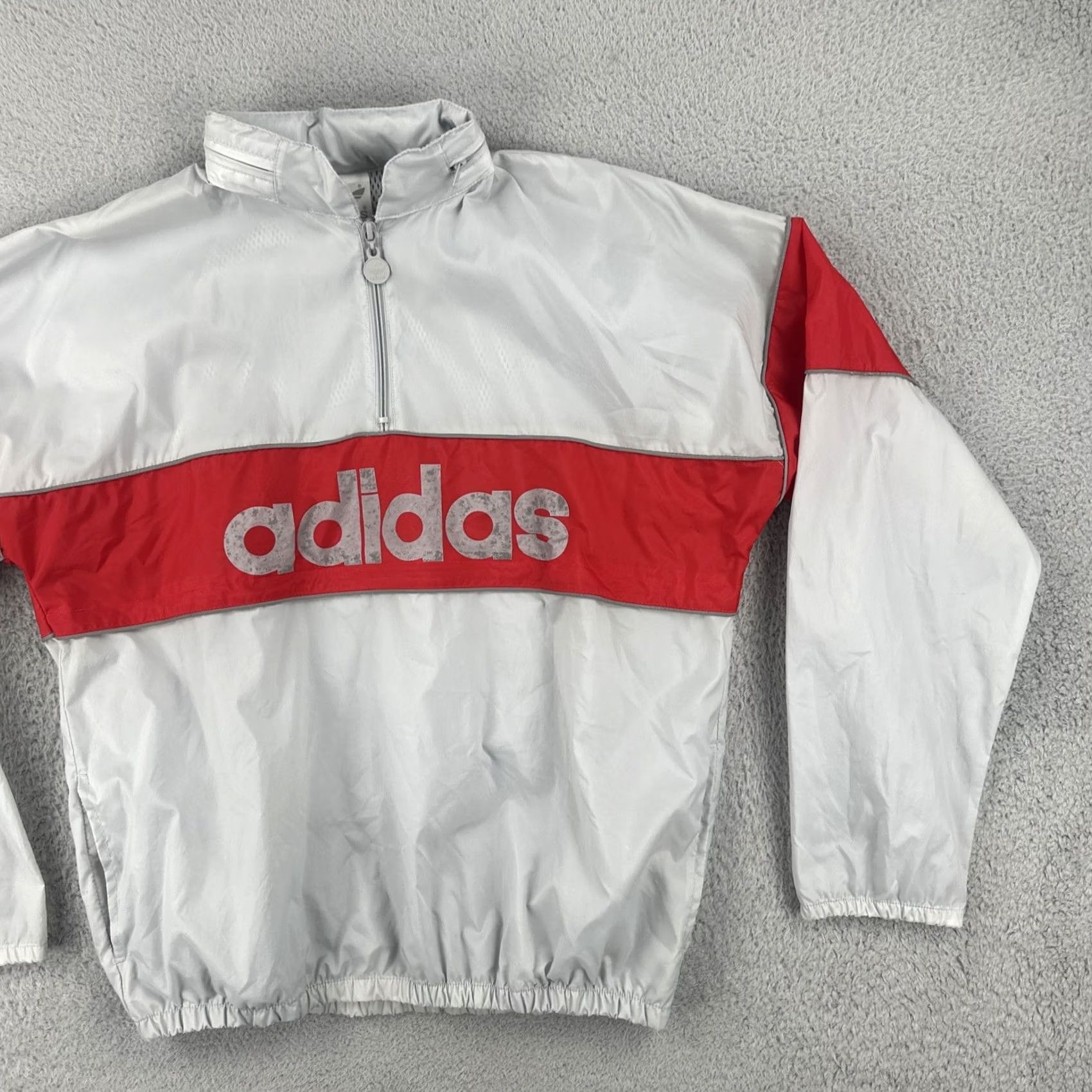 Adidas VINTAGE Adidas Windbreaker Shirt Unisex Adults M Gray 90s Big Logo Spell Out Stowaway Hood EUC Size US M / EU 48-50 / 2 - 2 Thumbnail