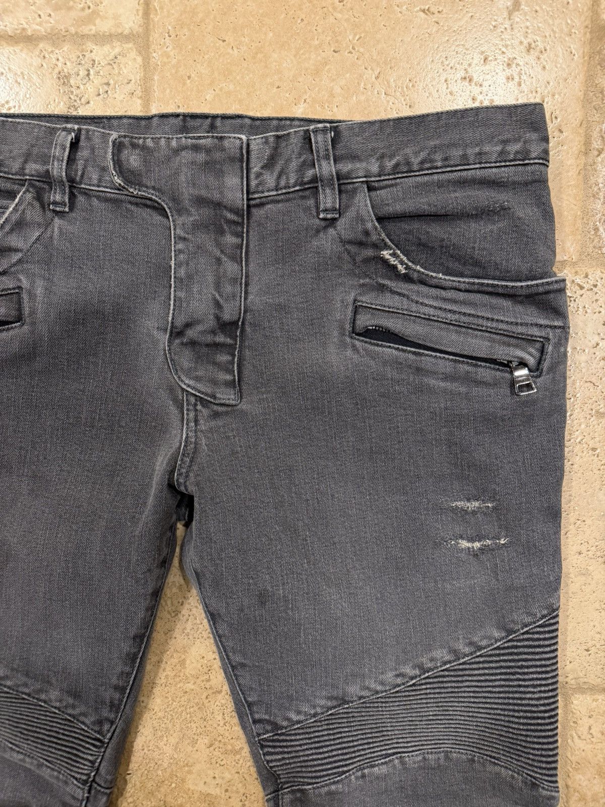 Balmain Balmain Moto Biker Distressed Gray Wash Denim Jeans Size US 35 - 5 Thumbnail