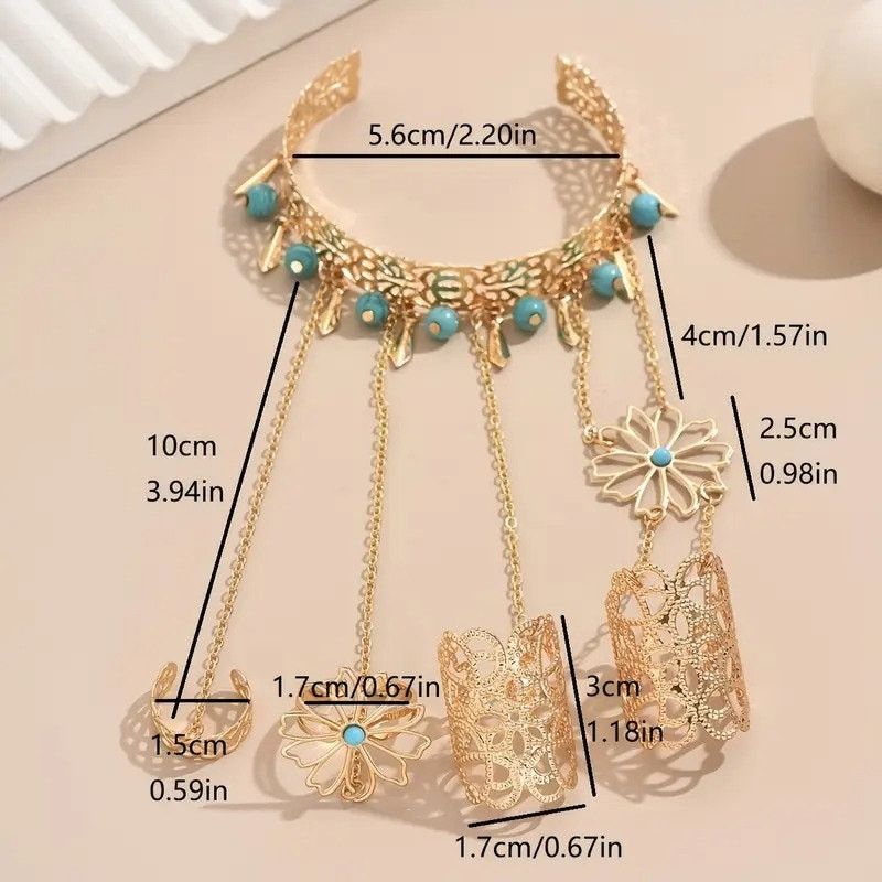 Other Boho Turquoise Flower Chain Hand Bracelet Ring Set Size ONE SIZE - 5 Thumbnail