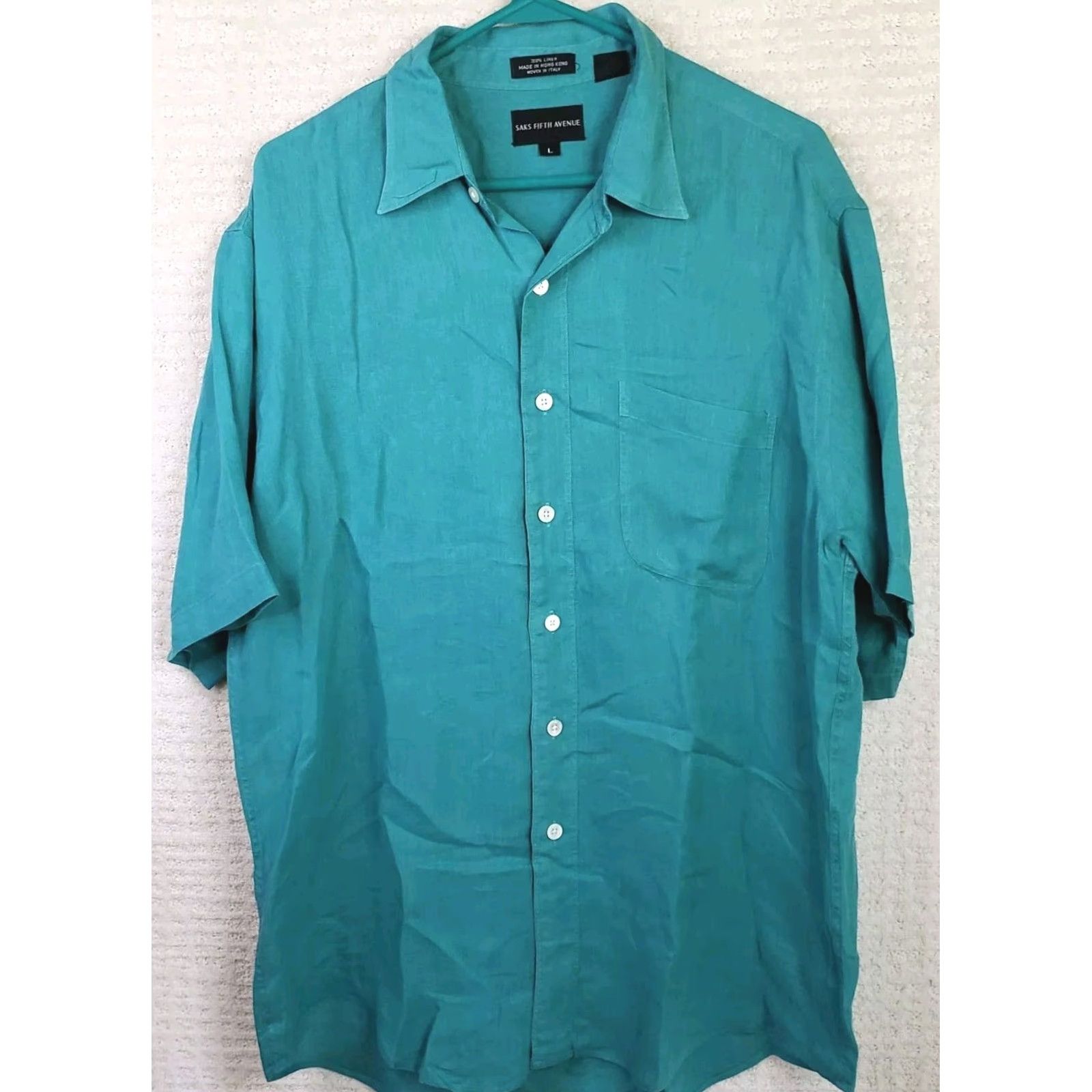 Saks Fifth Avenue Saks Fifth Avenue Shirt Mens L Aqua Linen Short Sleeve Button-Up Closet Classic 1 Pocket Button-Down Collar Front Size US L / EU 52-54 / 3 - 2 Thumbnail