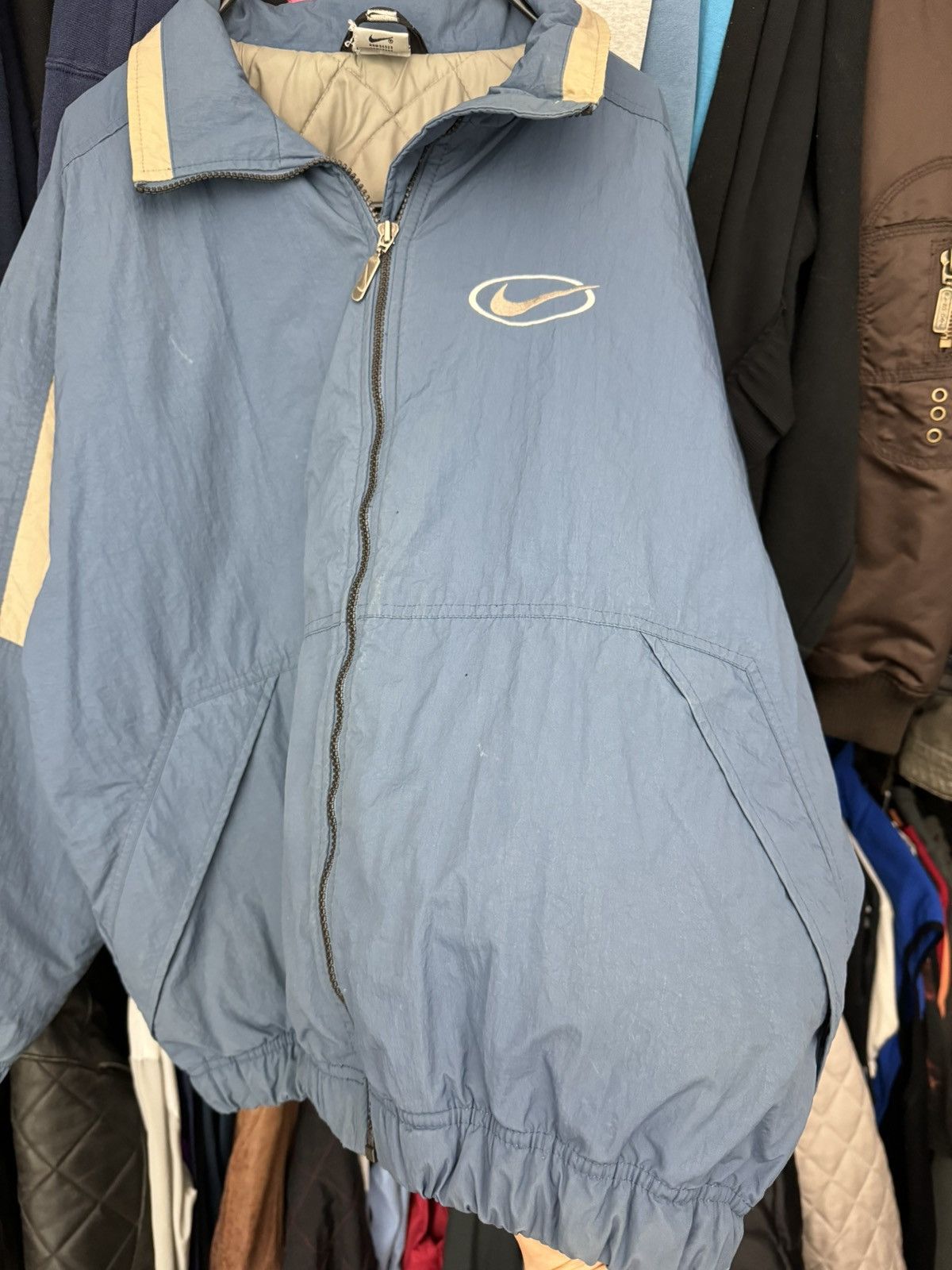Nike × Vintage Vintage Nike Central Swoosh Bomber Jacket 90s y2k beige blue Size US M / EU 48-50 / 2 - 7 Thumbnail