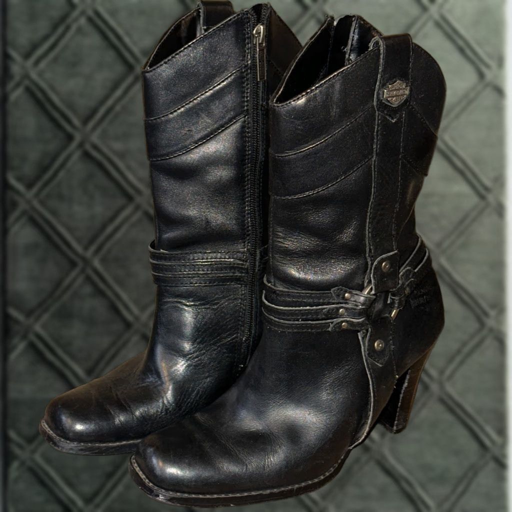 Harley Davidson Harley-Davidson Boots Womens Black Leather Mid Calf Zip Pointed Toe 9 Block Heel Motorcycle Biker D85068 Size US 9 / IT 39 - 1 Thumbnail