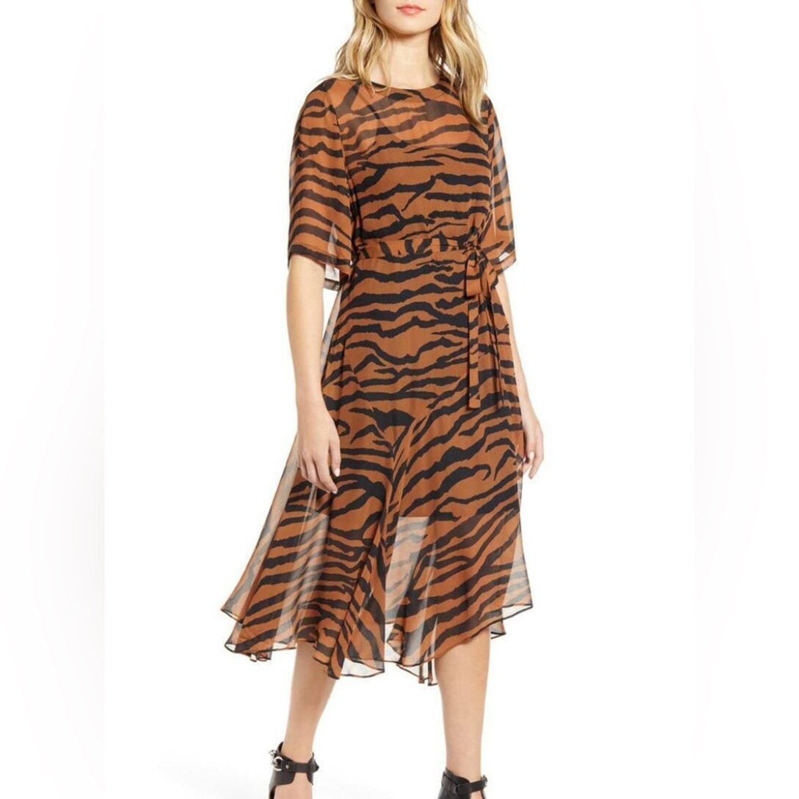 Allsaints Allsaints Chiffon Belted Enki Zephyr Tiger Stripe Dress S Size S / US 4 / IT 40 - 1 Thumbnail