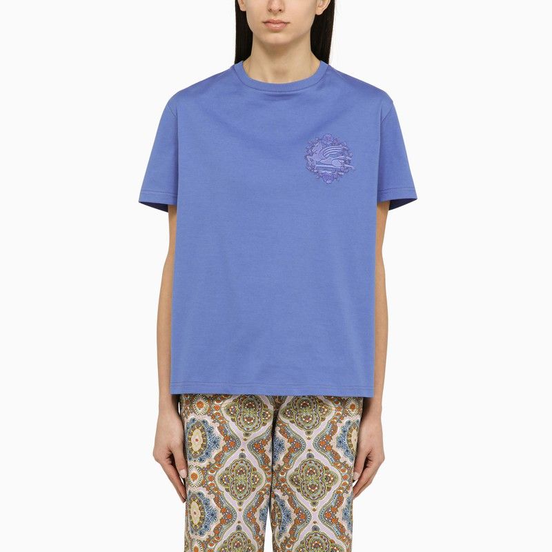 image of Etro Cornflower-Coloured Crew-Neck T-Shirt With Logo In Cotton in Blue, Women's (Size Small)