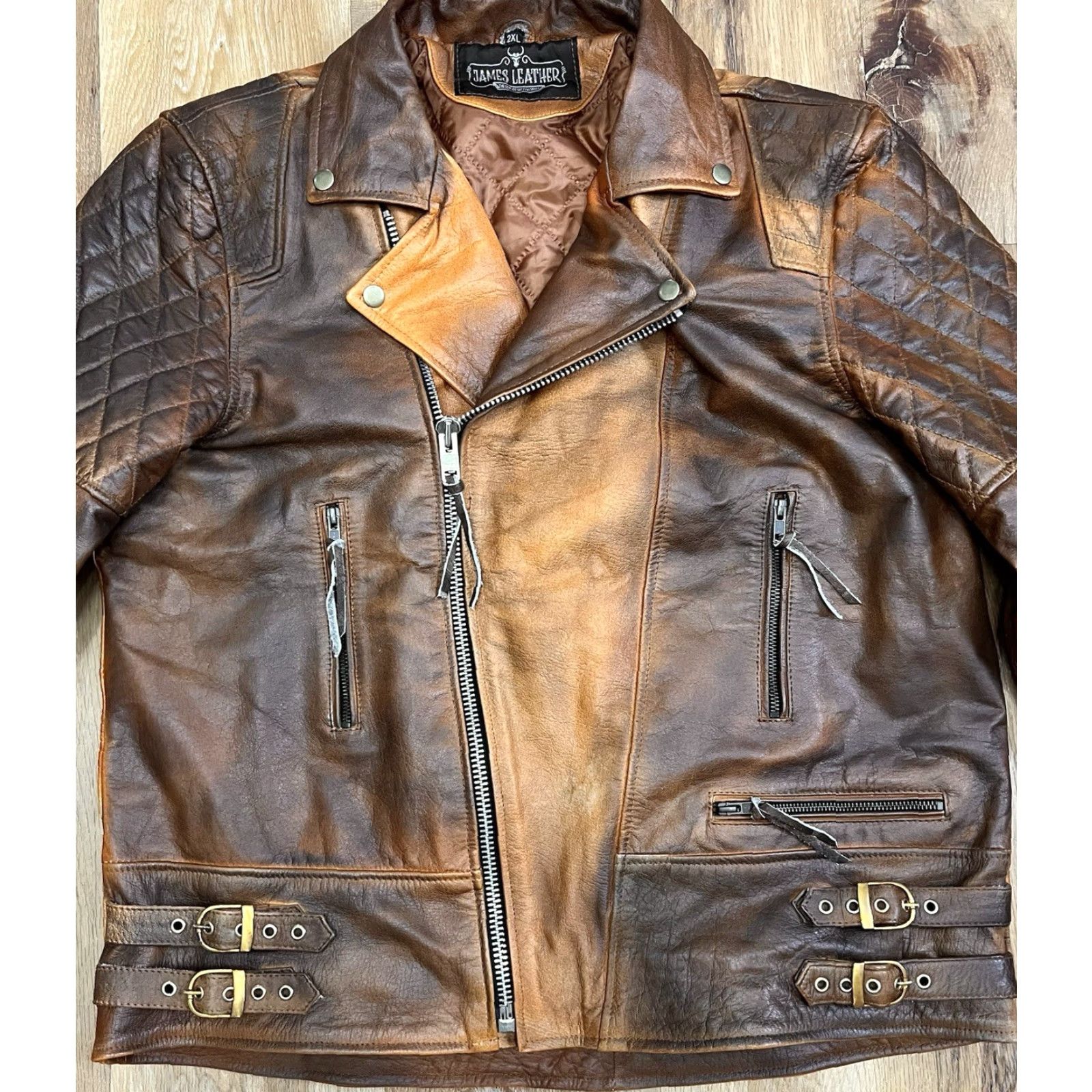 Vintage VINTAGE Patrick James James Leather Moto Jacket Brown Two-Tone 2XL EUC Jacket Mens Bomber Leather Zipper 2XL Brown Vintage Size US XXL / EU 58 / 5 - 2 Thumbnail