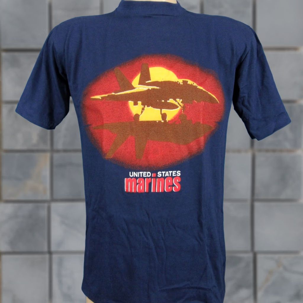 Vintage NOS vtg 80s USMC US MARINE CORPS SUNSET T-Shirt SMALL fighter jet single stitch Artex blue 50% Cotton/50% Polyester Mens 80s 90s Vintage Shirt Size US S / EU 44-46 / 1 - 1 Thumbnail