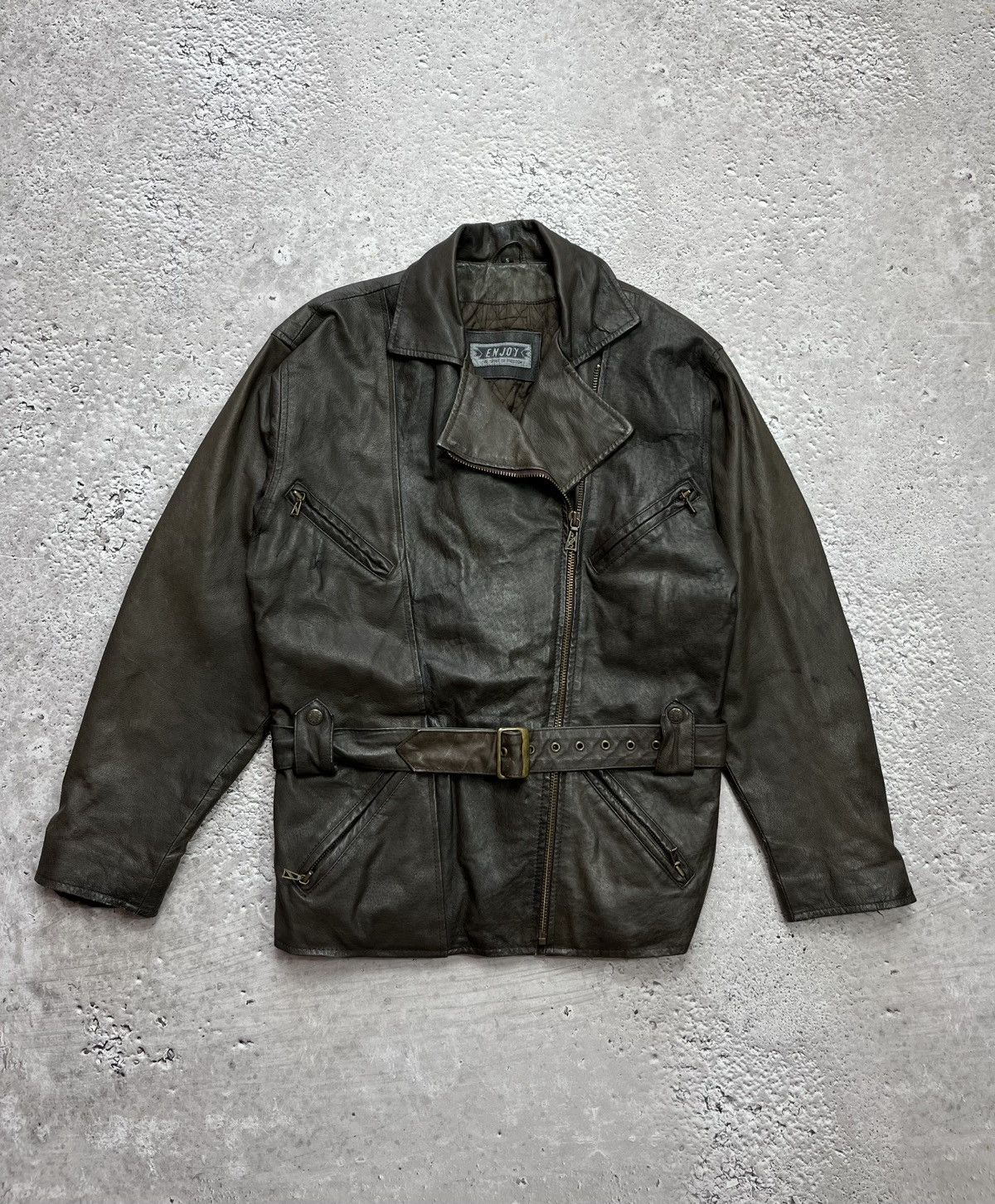 Leather Vintage Enjoy Brown Leather Jacket Belted Biker Style Size S Size US S / EU 44-46 / 1 - 2 Thumbnail