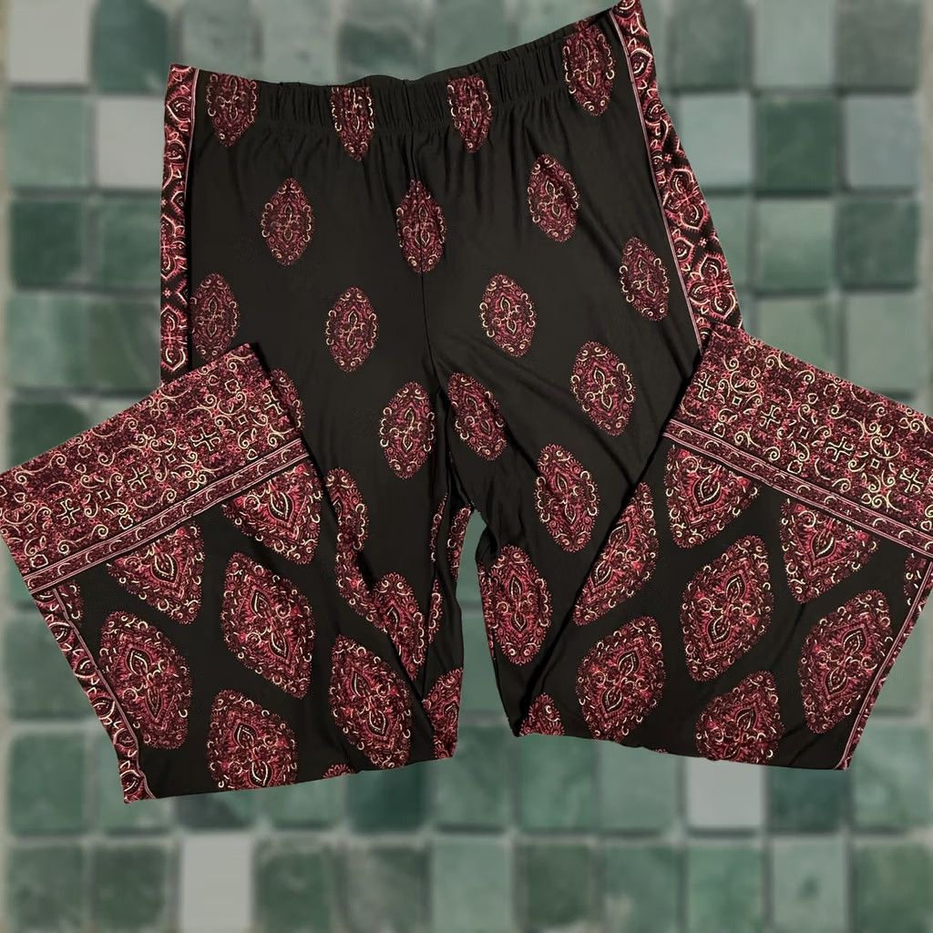 Vintage Susan Graver Pants Womens XL Black Red Paisley Stretch Pull On Boho Festival Size 36" / US 14 / IT 50 - 1 Thumbnail