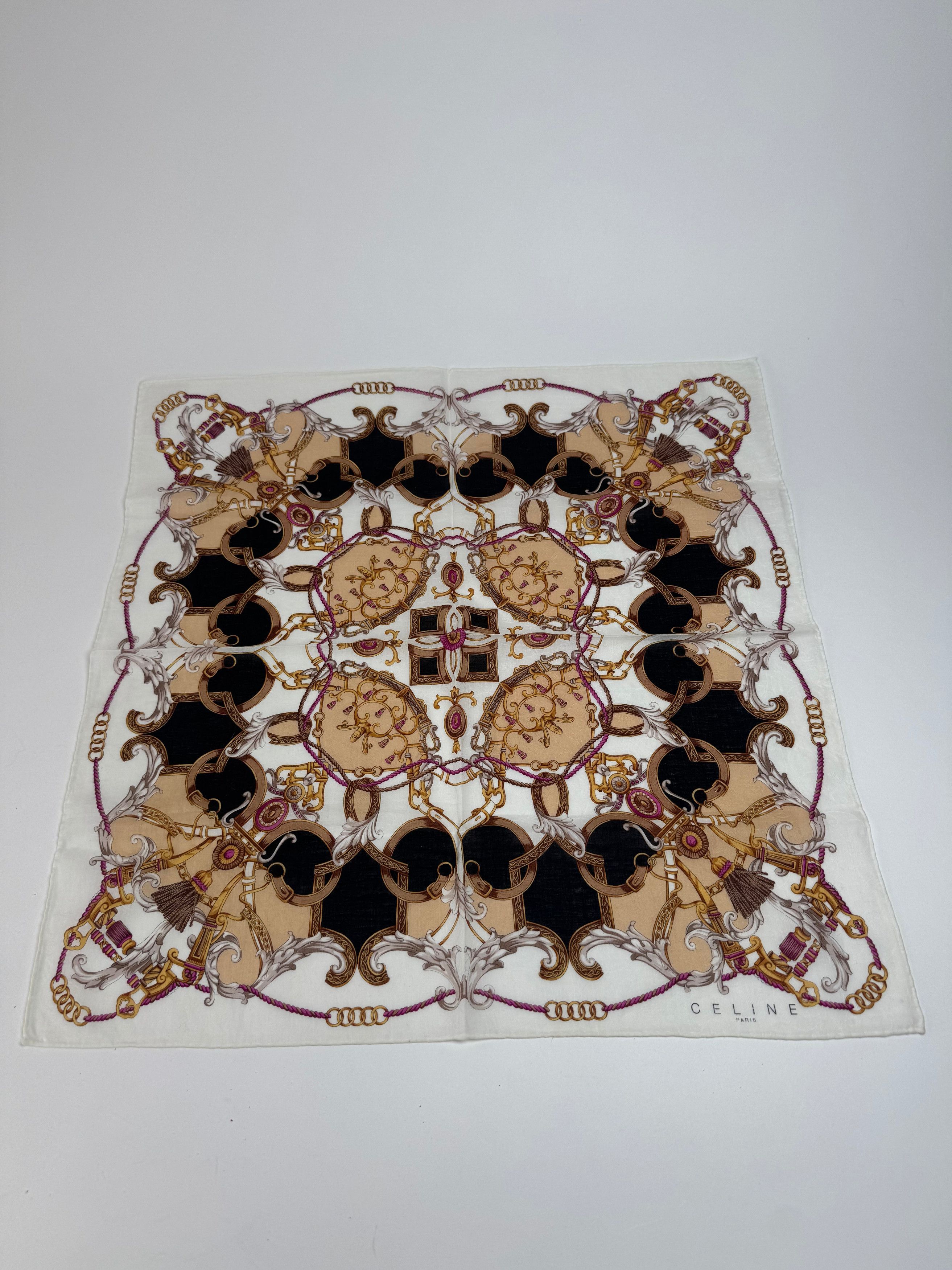 Celine Vintage Silk Scarf White brown Size ONE SIZE - 1 Thumbnail