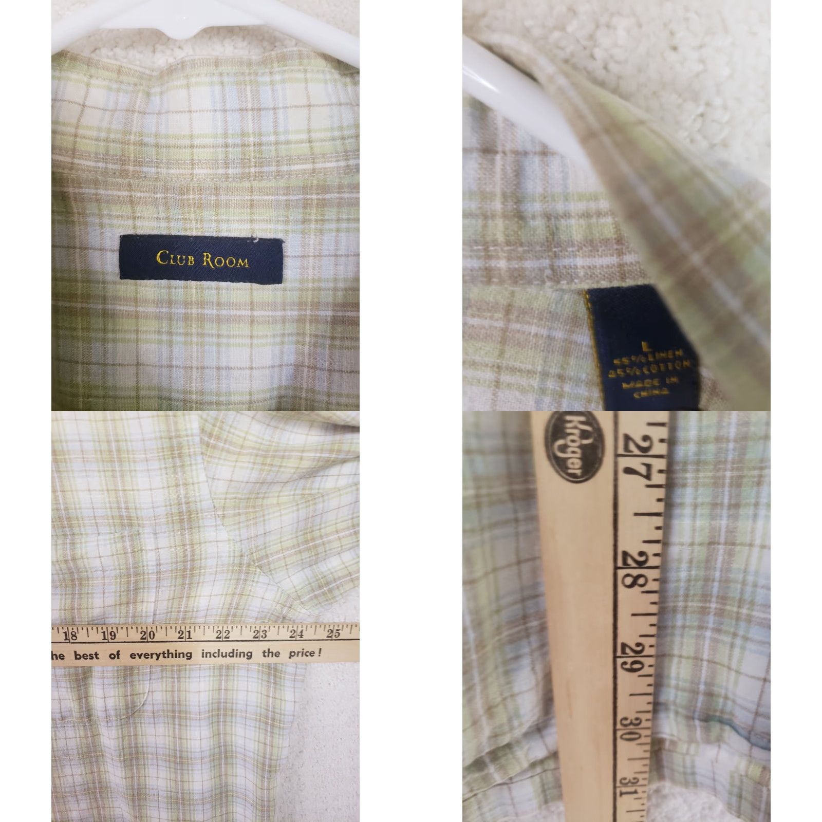 Club Room Club Room Shirt Mens L Green Beige White Short Sleeve Button Front Linen Blend Plaid Pocketed Casual Classic 90s Size US L / EU 52-54 / 3 - 8 Thumbnail
