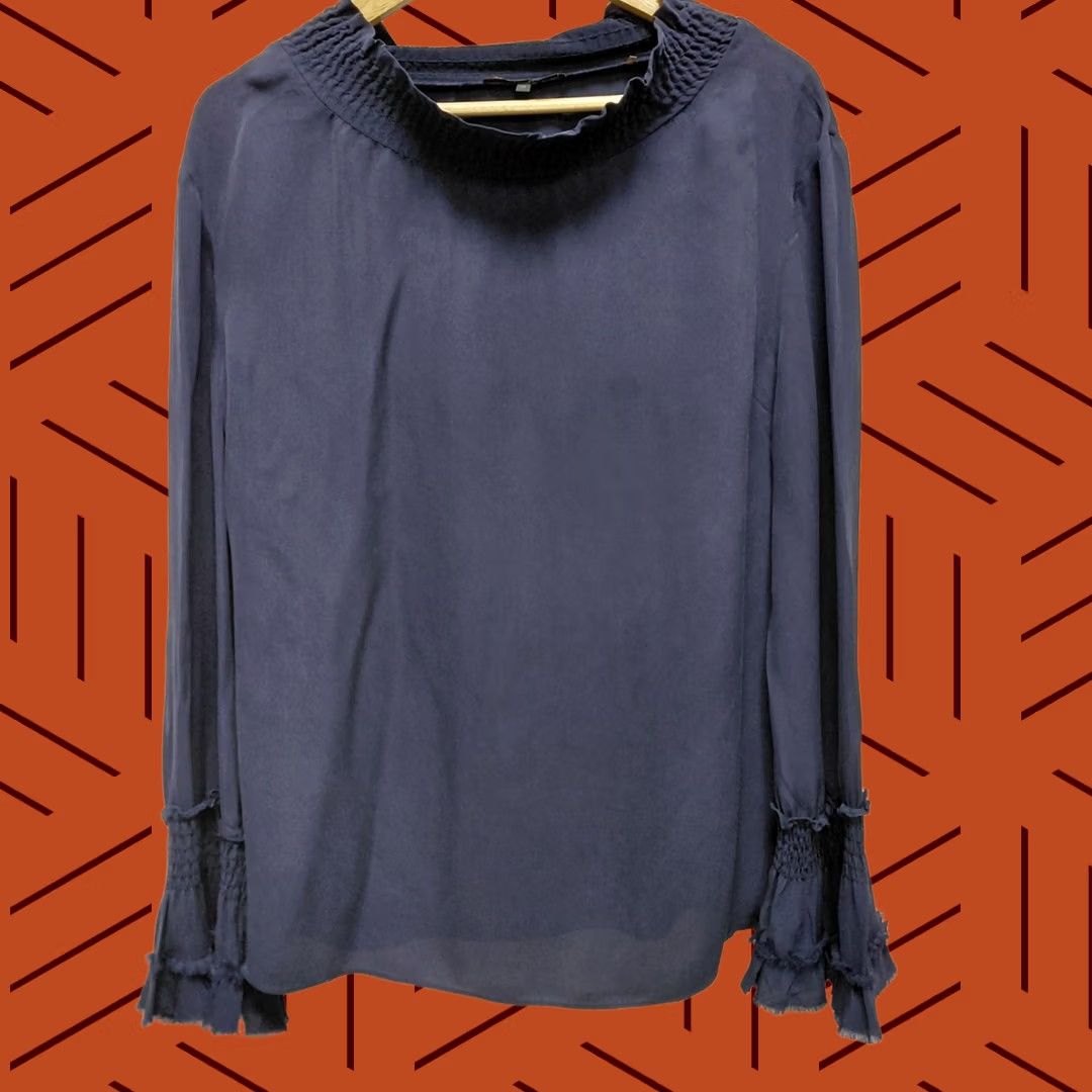 KOBI HALPERIN Kobi Halperin Silk Blouse Navy Long Sleeve Women M 100% Silk Ruffle Crew Neck Solid Boho Chic Elegant Spring Fall Blouse Size M / US 6-8 / IT 42-44 - 1 Thumbnail
