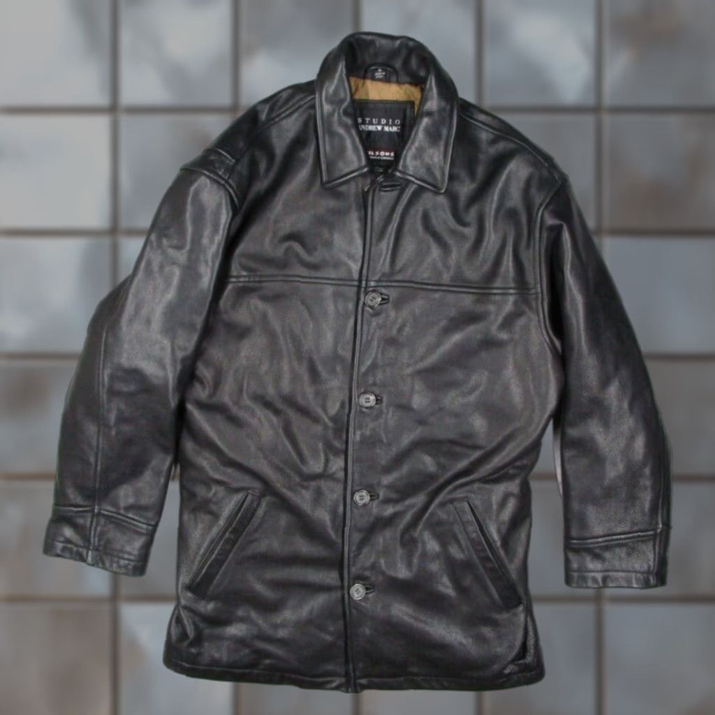Vintage Wilsons Studio Andrew Marc Jacket Men Medium Black Leather Button Up Lined Retro Motorcycle Jacket Size US M / EU 48-50 / 2 - 1 Thumbnail