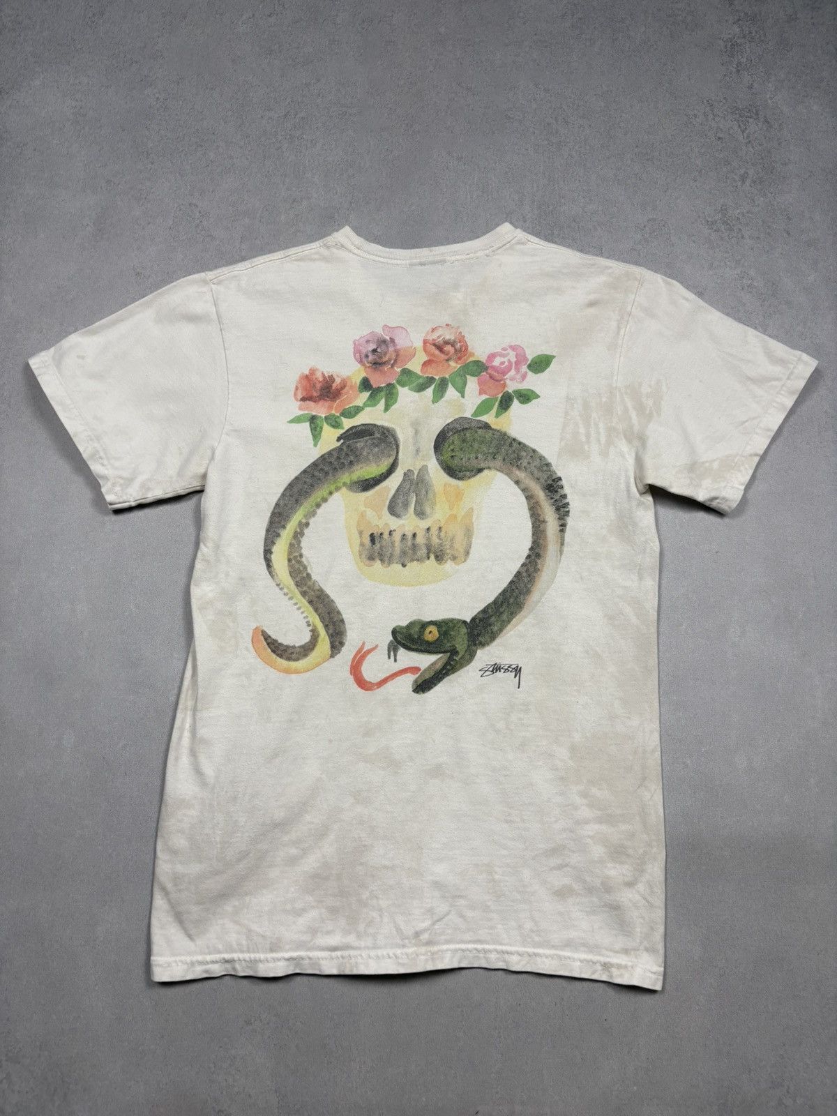 Trashed Vintage Stussy Calavera Pocket Snake Skull T-Shirt S