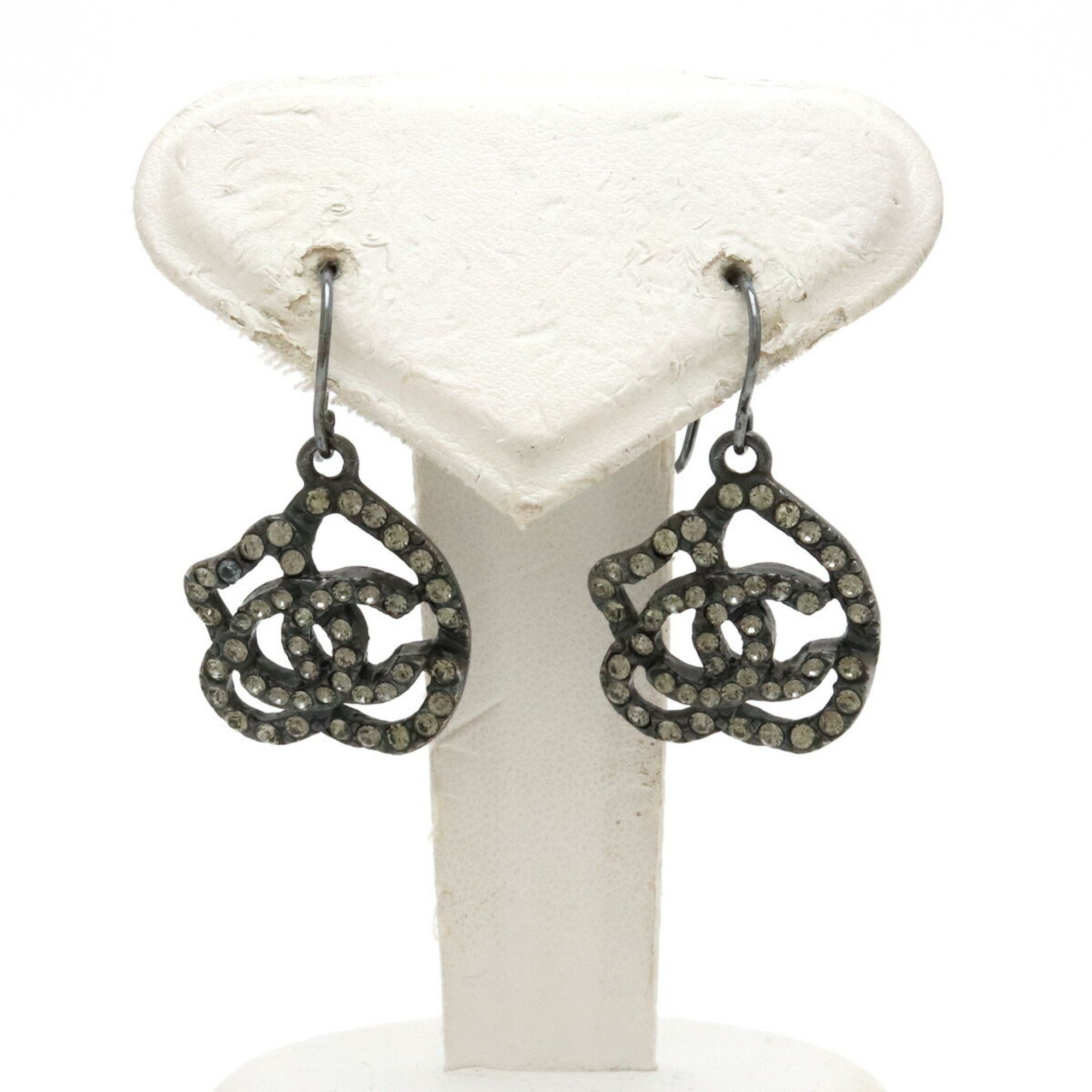 image of Chanel Camellia Motif Coco Mark Hook Earrings Gp Rhinestone Black Clear 00A, Women's