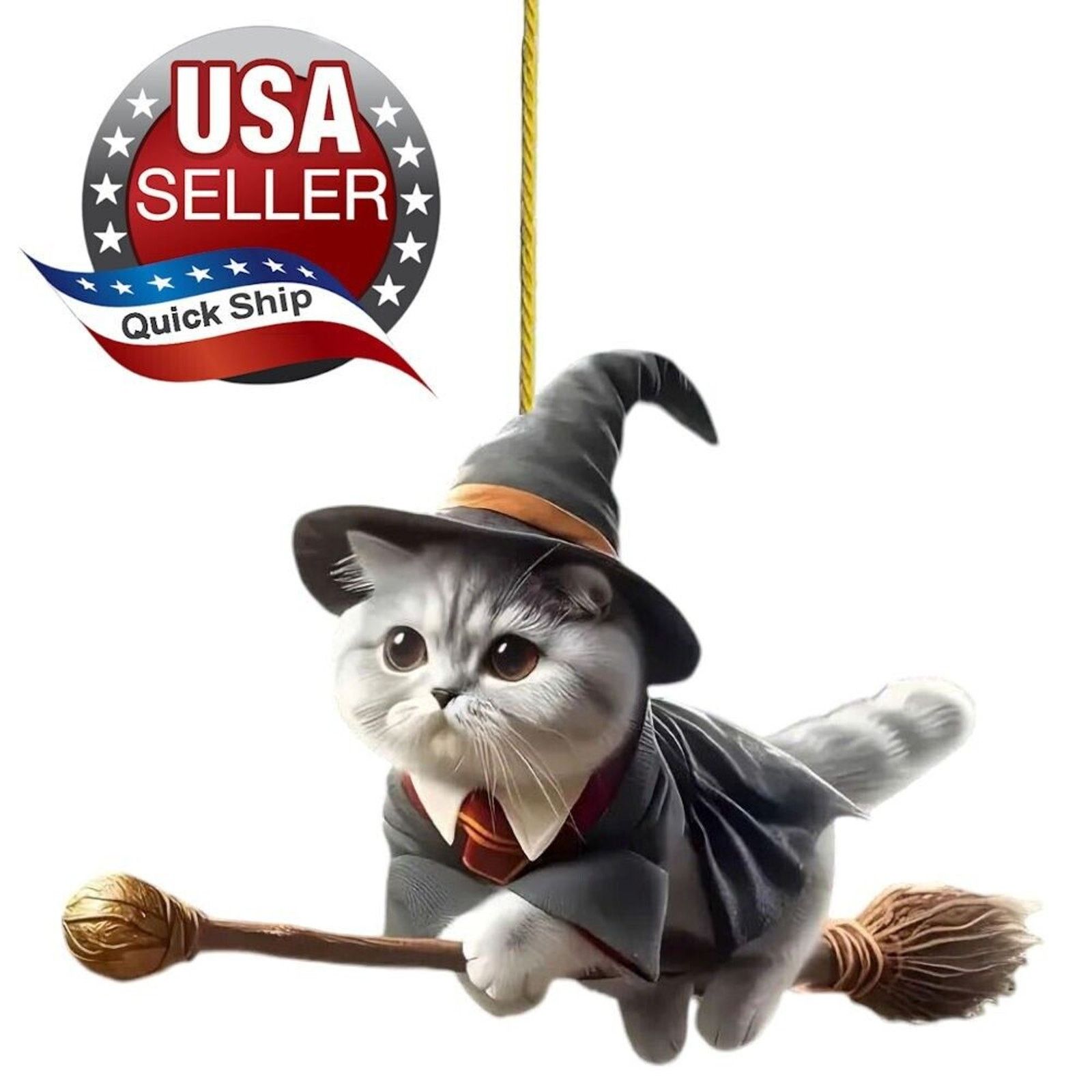 Other Halloween Witch Cat Riding Broom Ornament • Window • Bag Tag Size ONE SIZE - 3 Thumbnail