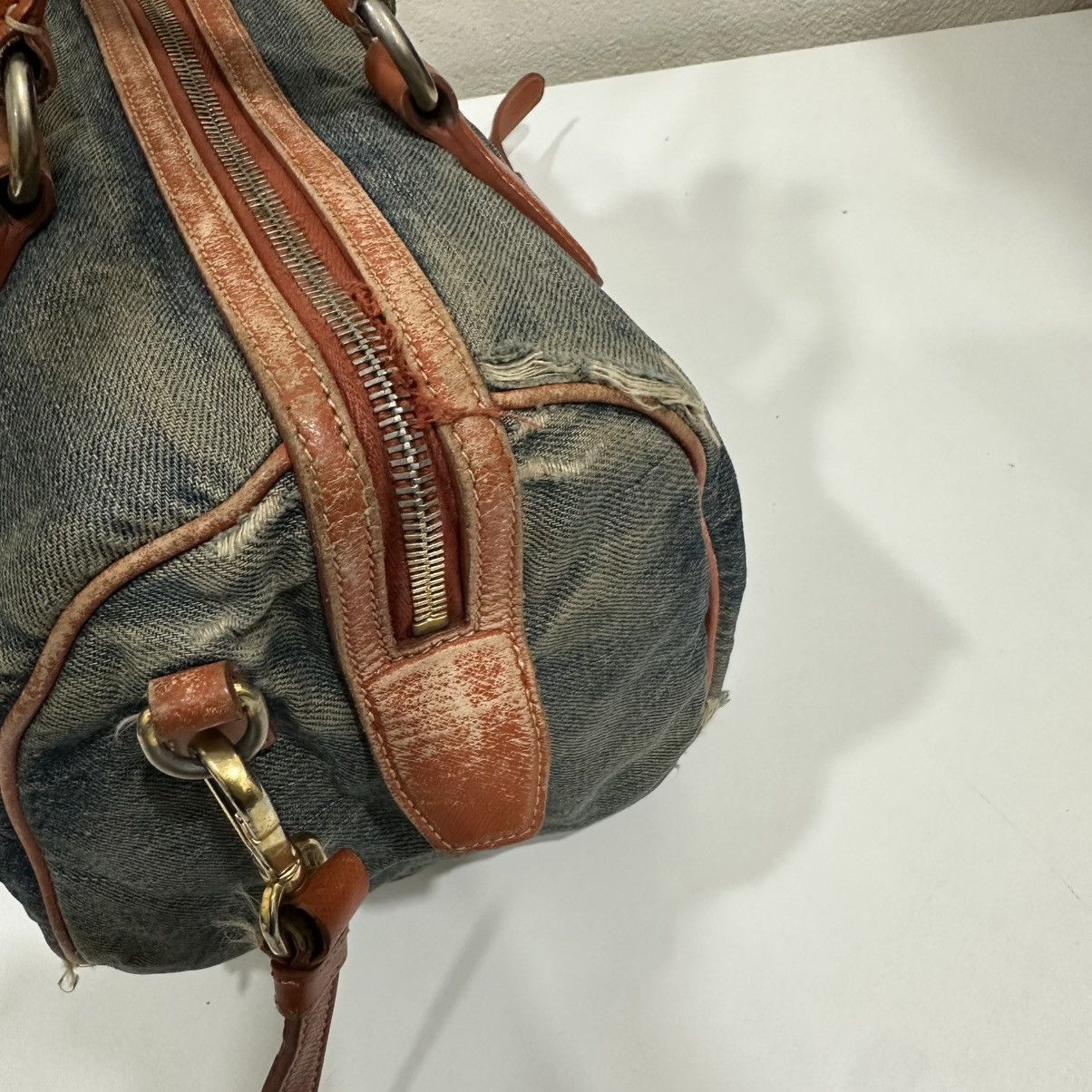 Prada PRADA DISTRESSED DENIM BAULETTO 2 WAY BOSTON BAG Size ONE SIZE - 10 Thumbnail