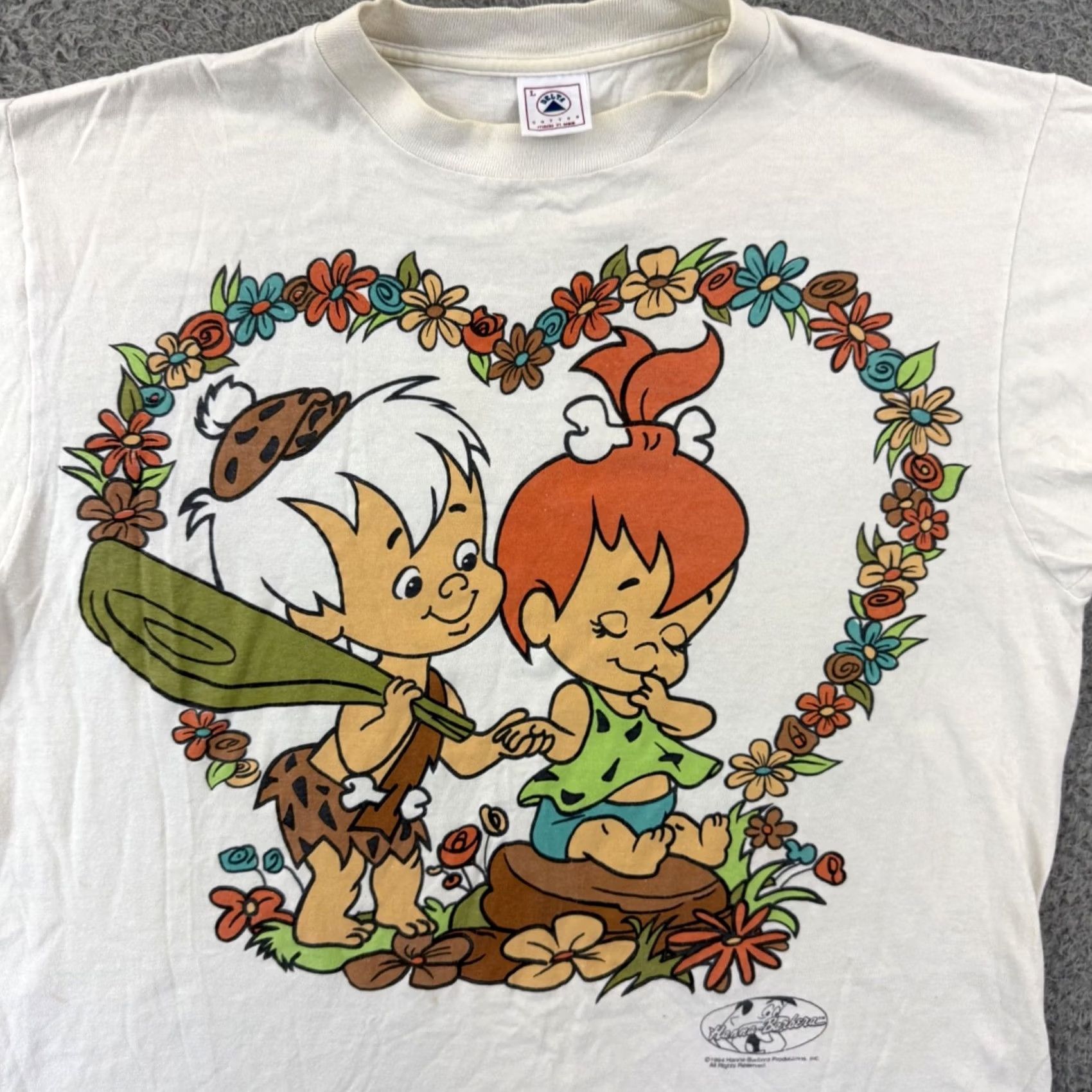 Delta VINTAGE Delta Pro Weight Shirt Mens Large White Pebbles Bam Bam 90s Flinstones Cartoon Graphic Print Short Sleeve Size US L / EU 52-54 / 3 - 3 Thumbnail