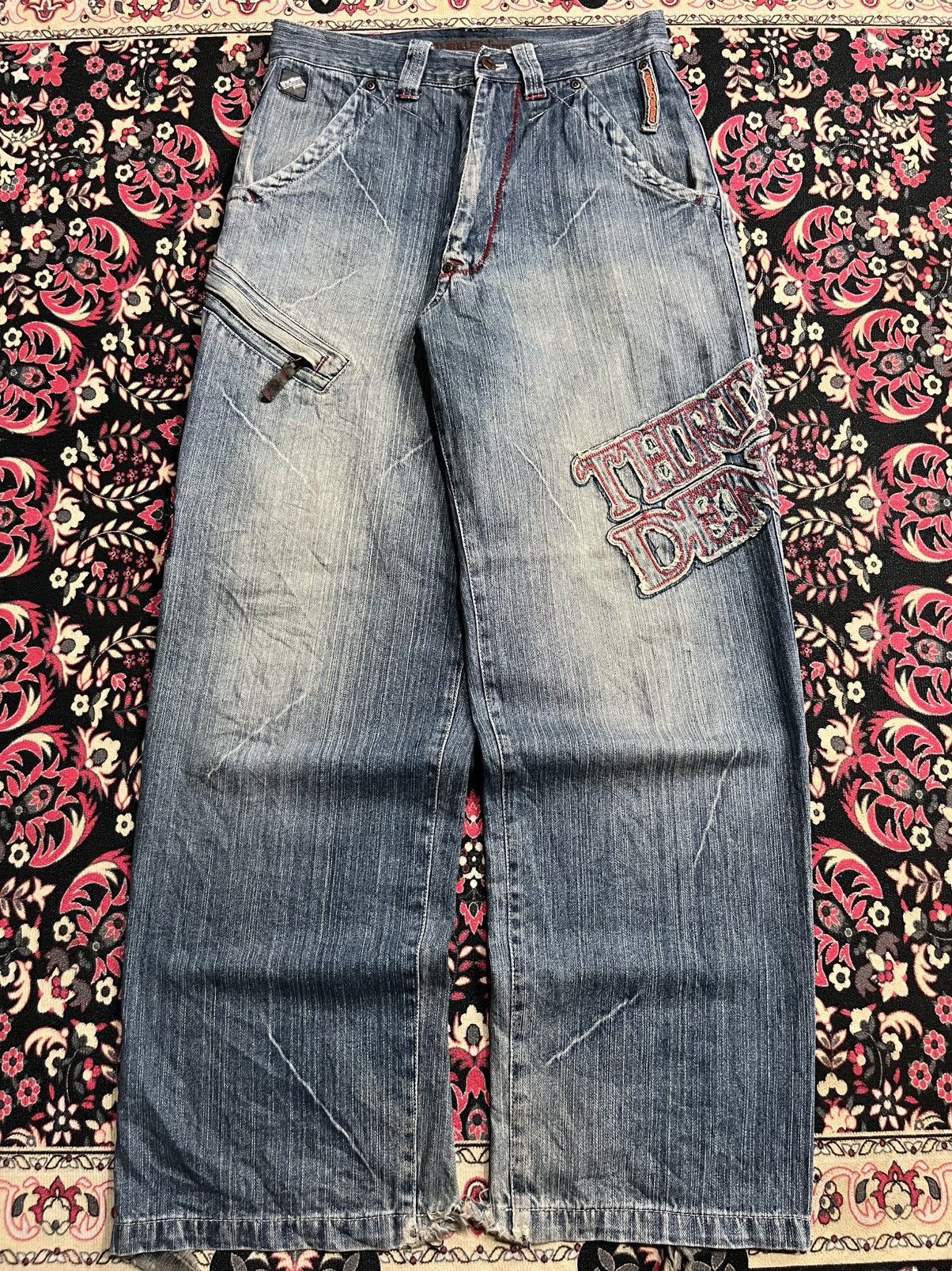JNCO Thriller Denim Embossed Slogan High Rise Loose Baggy Jeans Size US 30 / EU 46 - 1 Thumbnail