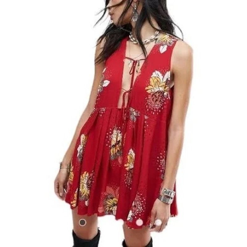 Free People 🍒 Free People "Lovely Day" Floral Mini Red Combo - Small Size S / US 4 / IT 40 - 2 Thumbnail